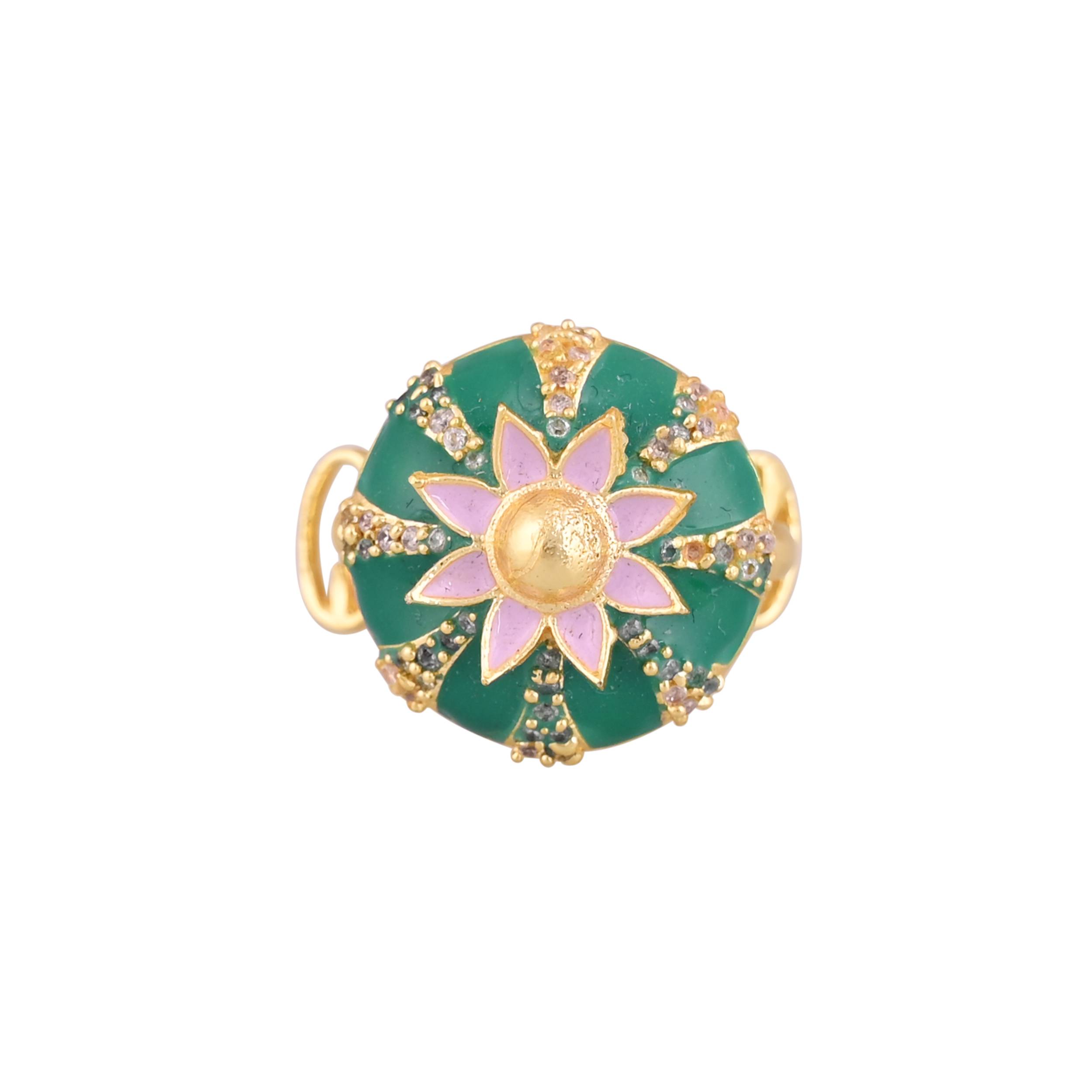 Jewelry/Gold Plated Ring in Johkibazar Green Floral Accent - Image 3