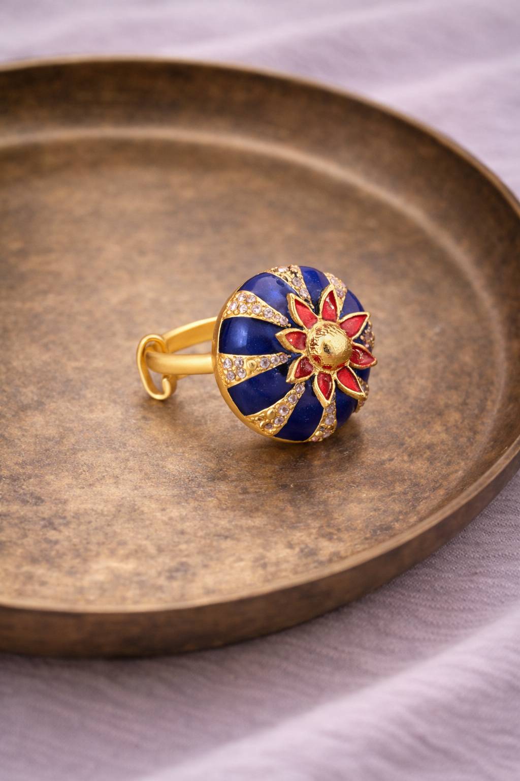 Jewelry/Gold Plated Adjustable Blue Floral Ring in Johkibazar - Stylish Accessory -  - Buy Online at SANCTUARY OF JEWELS