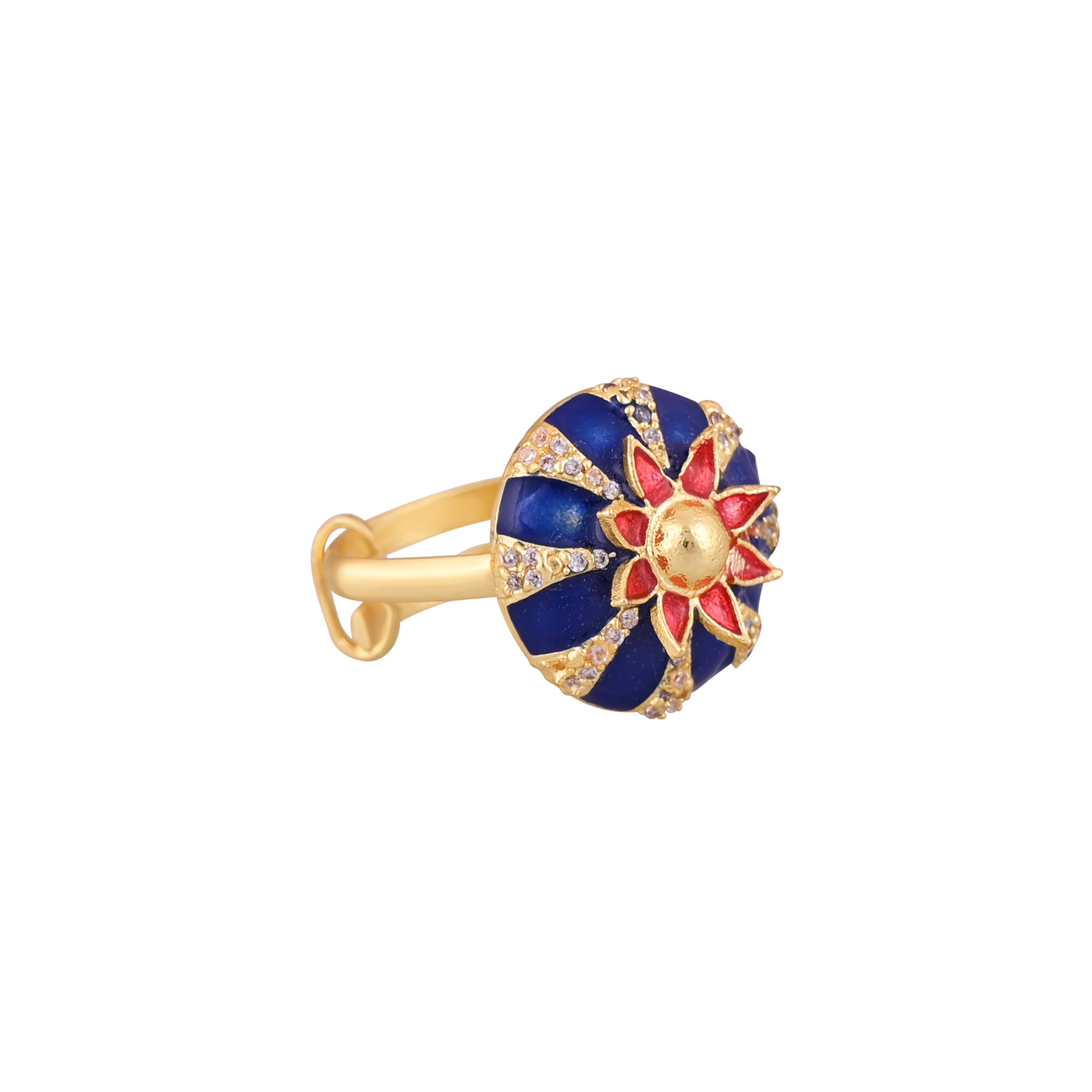 Jewelry/Gold Plated Adjustable Blue Floral Ring in Johkibazar - Stylish Accessory - Image 1