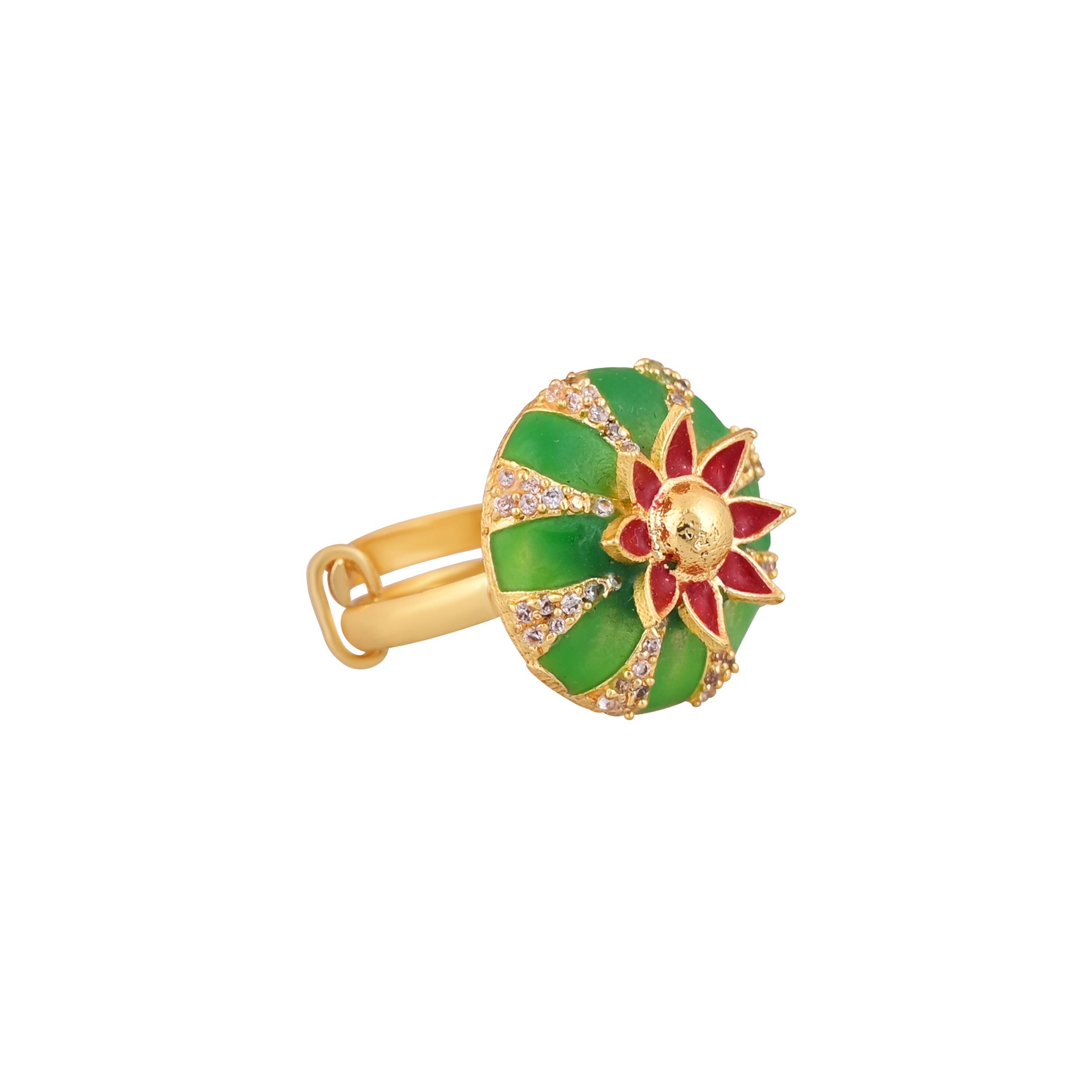 Jewelry/Gold Plated Adjustable Green Floral Ring in Johkibazar - Elevate Your Style - Image 1