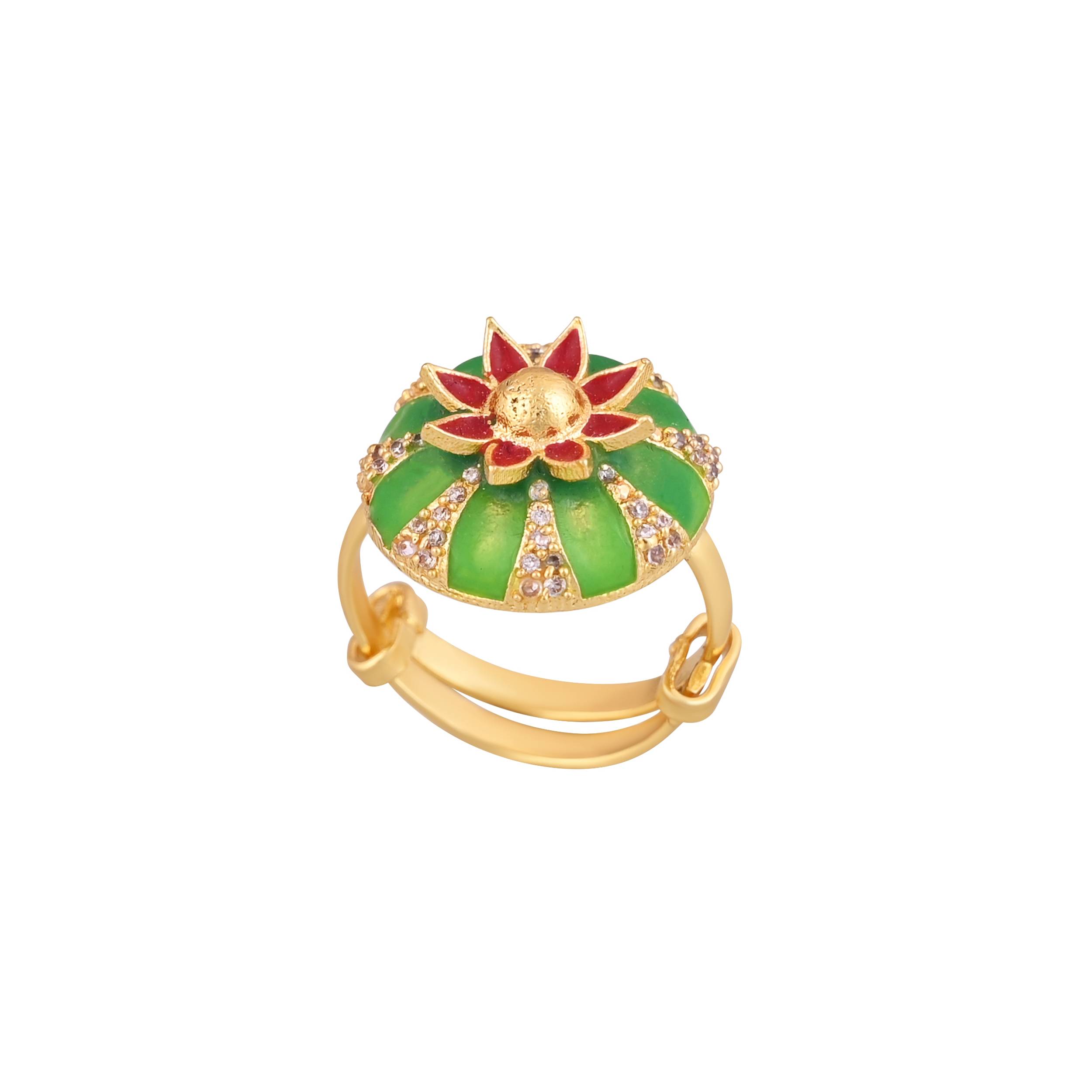 Jewelry/Gold Plated Adjustable Green Floral Ring in Johkibazar - Elevate Your Style - Image 2