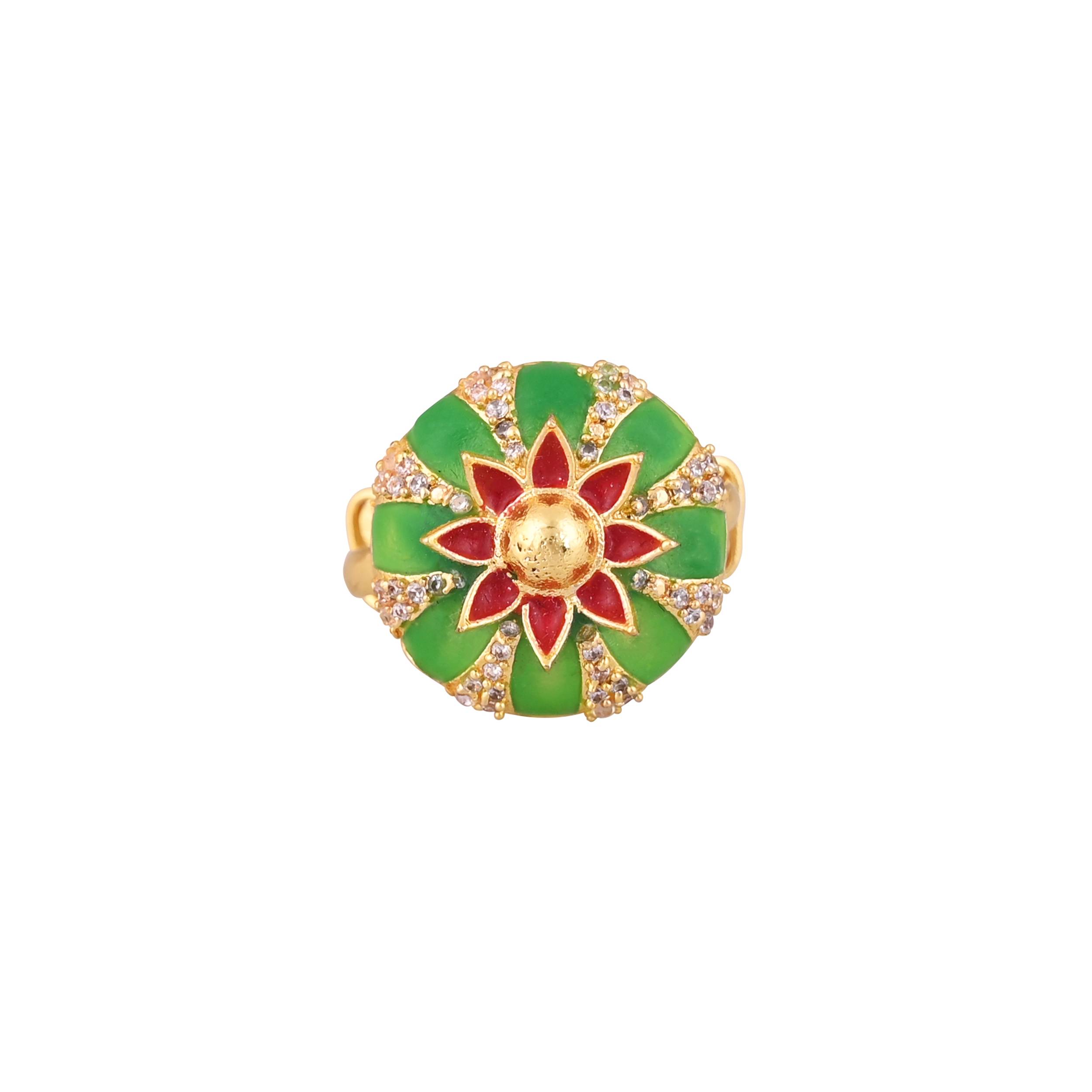 Jewelry/Gold Plated Adjustable Green Floral Ring in Johkibazar - Elevate Your Style - Image 3