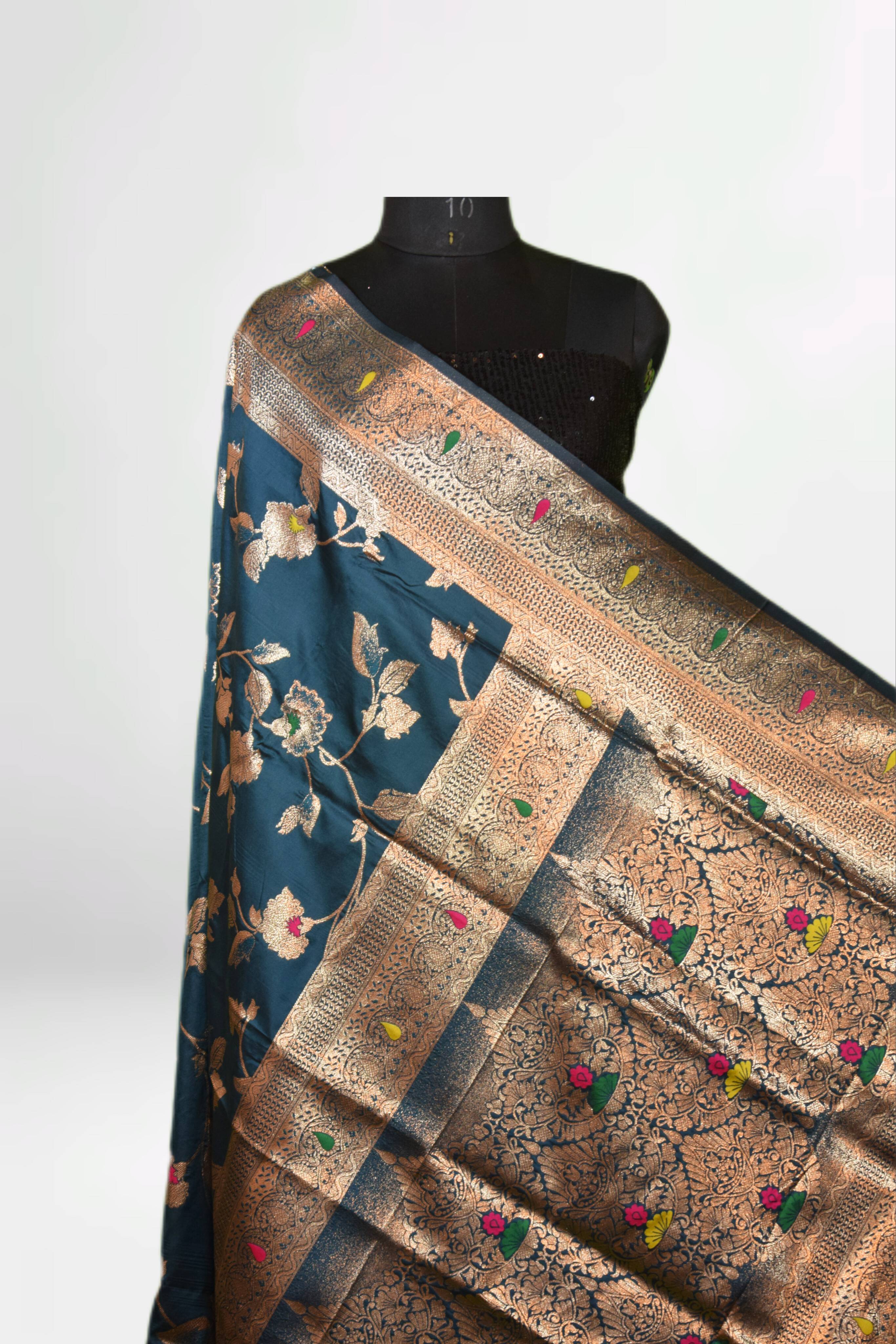  Petthani Silk Saree in Jabalpur: Luxurious Royal Blue Saree with Golden Zari SHEETESH SONI Shivarnika 210  Opposite Ram  Mandir Trimurti Nagar Jabalpur LANDMARK Behind Little Angel School