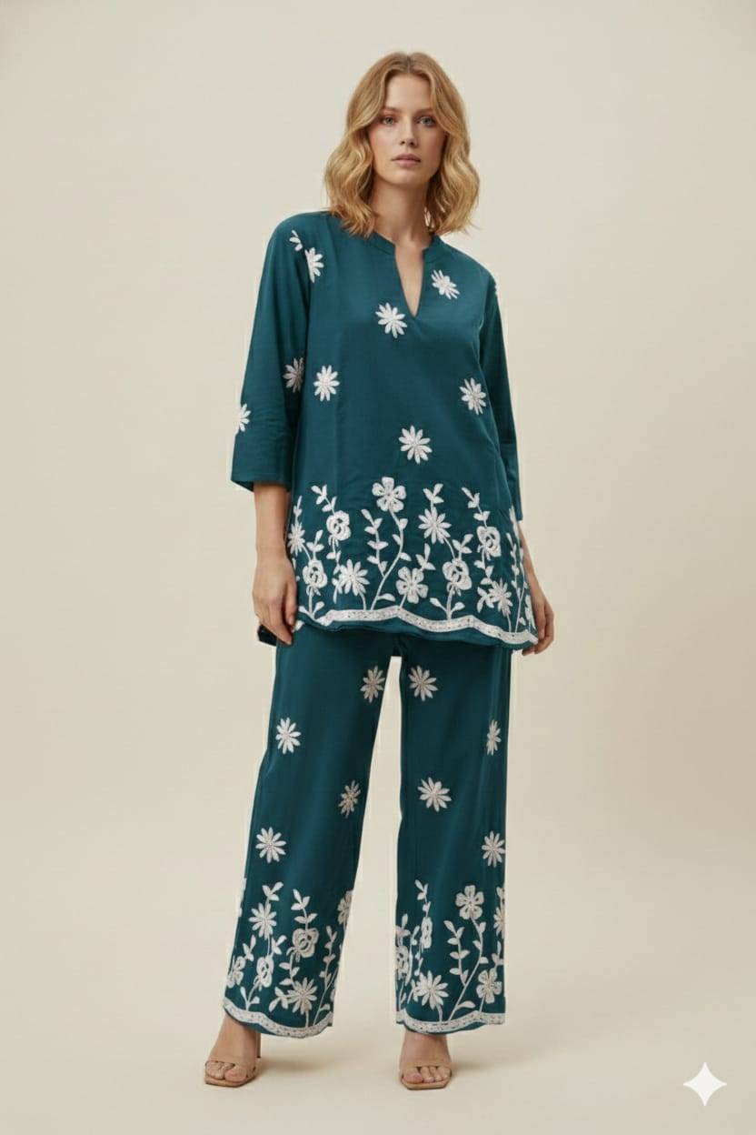Kurta Set Floral Embroidered in Chinchwad: Elegant Teal Design -  - Buy Online at TRENDORA GARMENTS AND GENERAL STORES