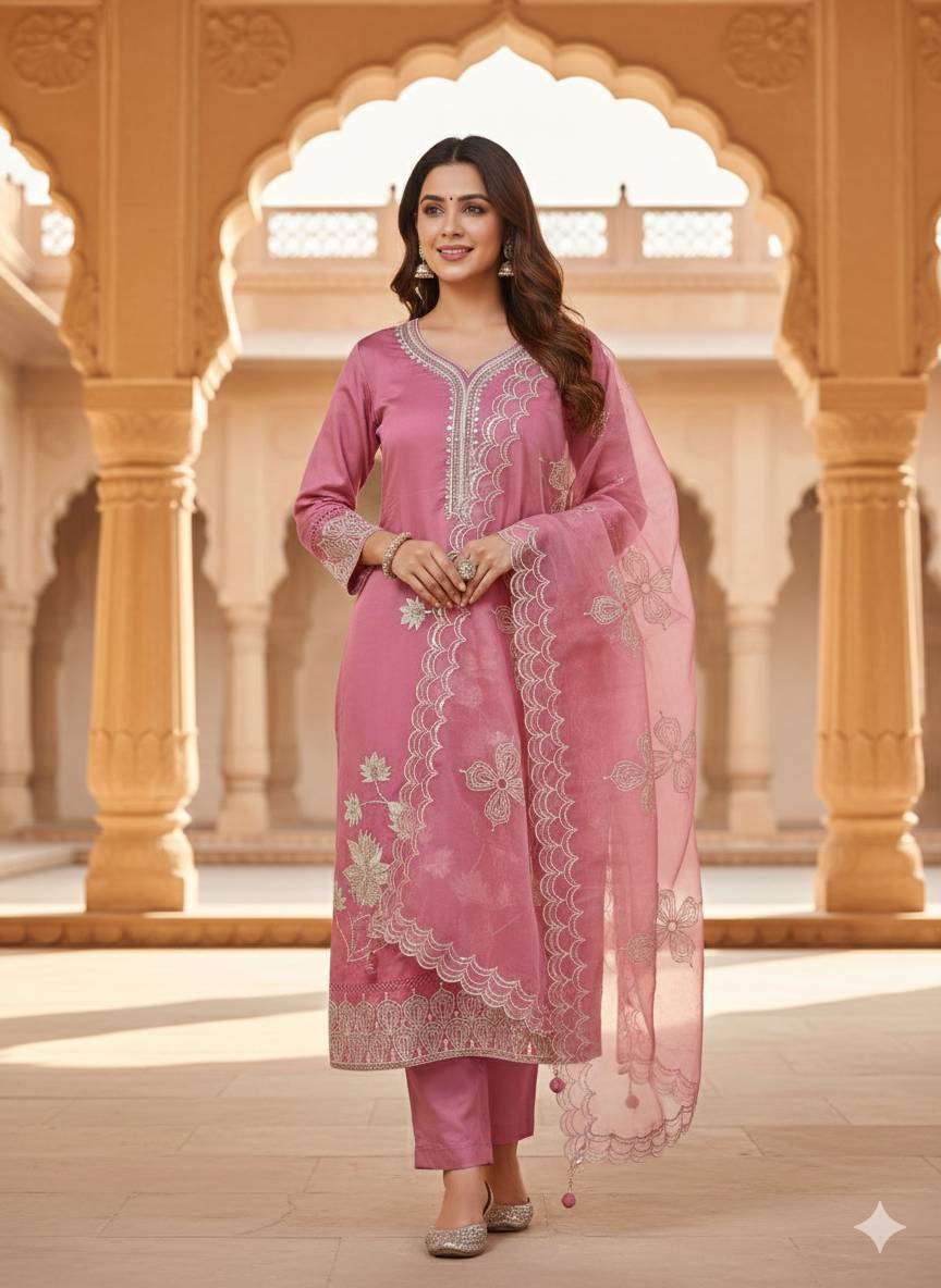  SHREE JI FASHION Chanderi Suit Set in Maheshwar: Elegant Embroidered Pink Design SHREE JI FASHION SHREE JI FASHION  MAHESHWAR TEHSIL  MAHESHWAR LANDMARK NEAR OF POOJARA SHOWROOM