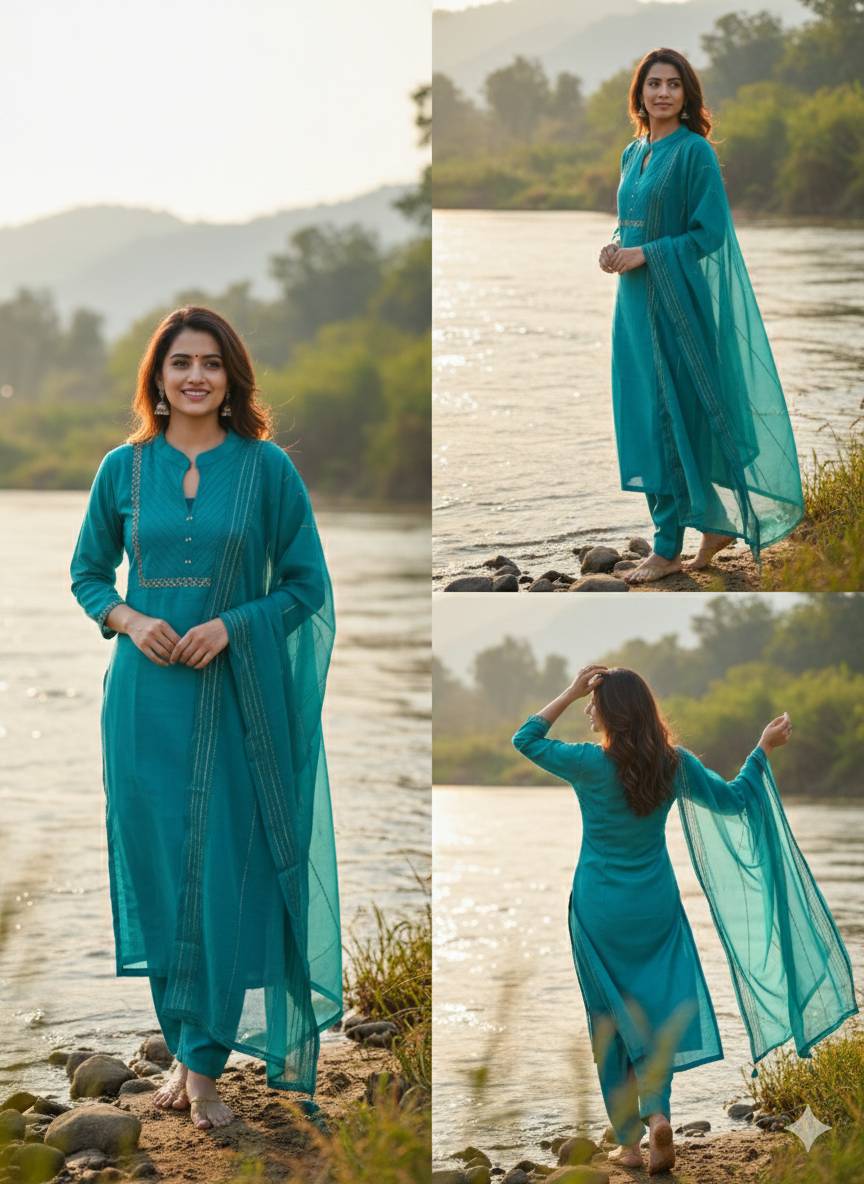  SHREE JI FASHION MAHESHWAR Teal Blue Kurta Set with Dupatta in Maheshwar - Elegant & Comfortable SHREE JI FASHION SHREE JI FASHION  MAHESHWAR TEHSIL  MAHESHWAR LANDMARK NEAR OF POOJARA SHOWROOM