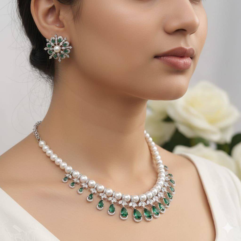 Usha Arts Shop Pearl and Emerald Necklace Set in Malad West Elegant