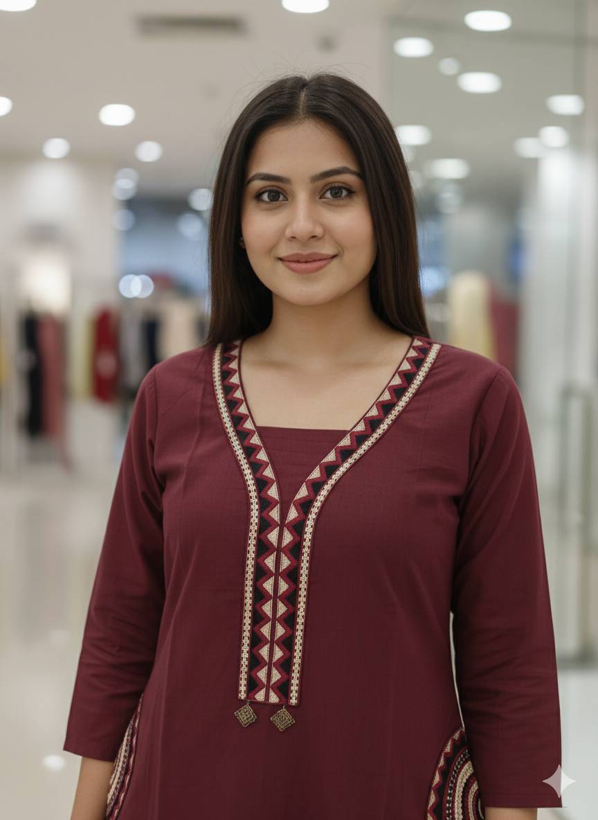 Embroidered Kurti in Maheshwar: Maroon Dhabu Cotton, 3/4 Sleeves - Image 1