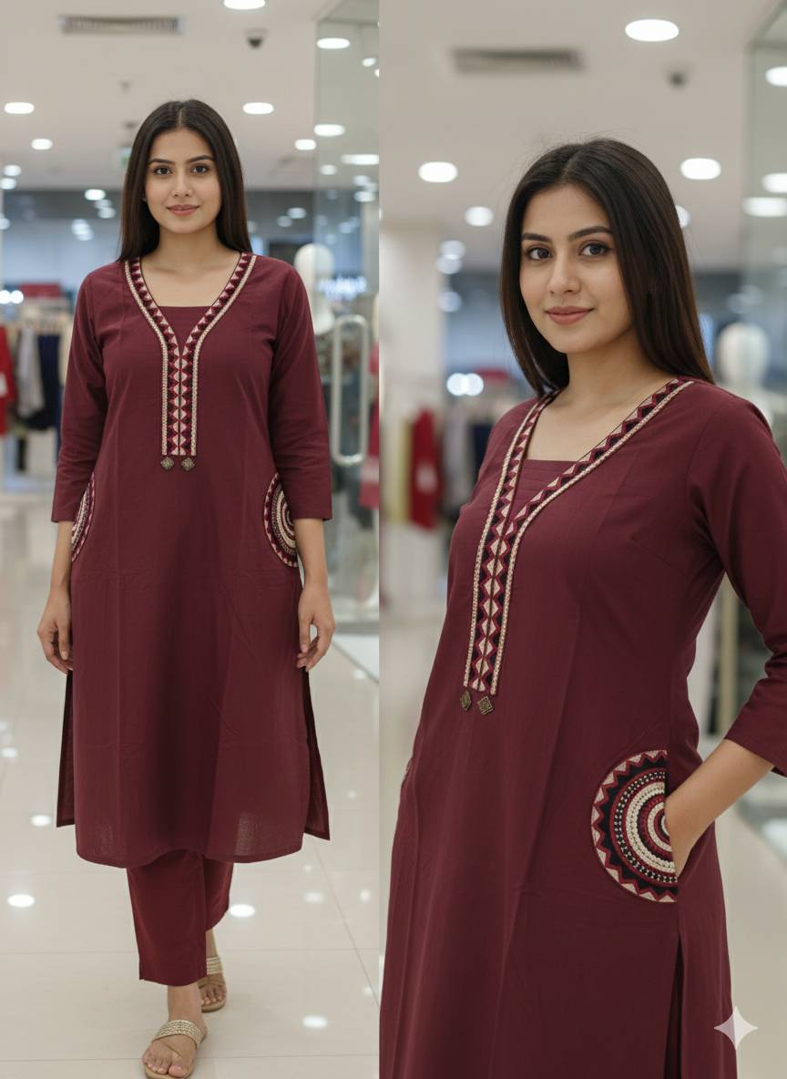 Embroidered Kurti in Maheshwar: Maroon Dhabu Cotton, 3/4 Sleeves - Image 2