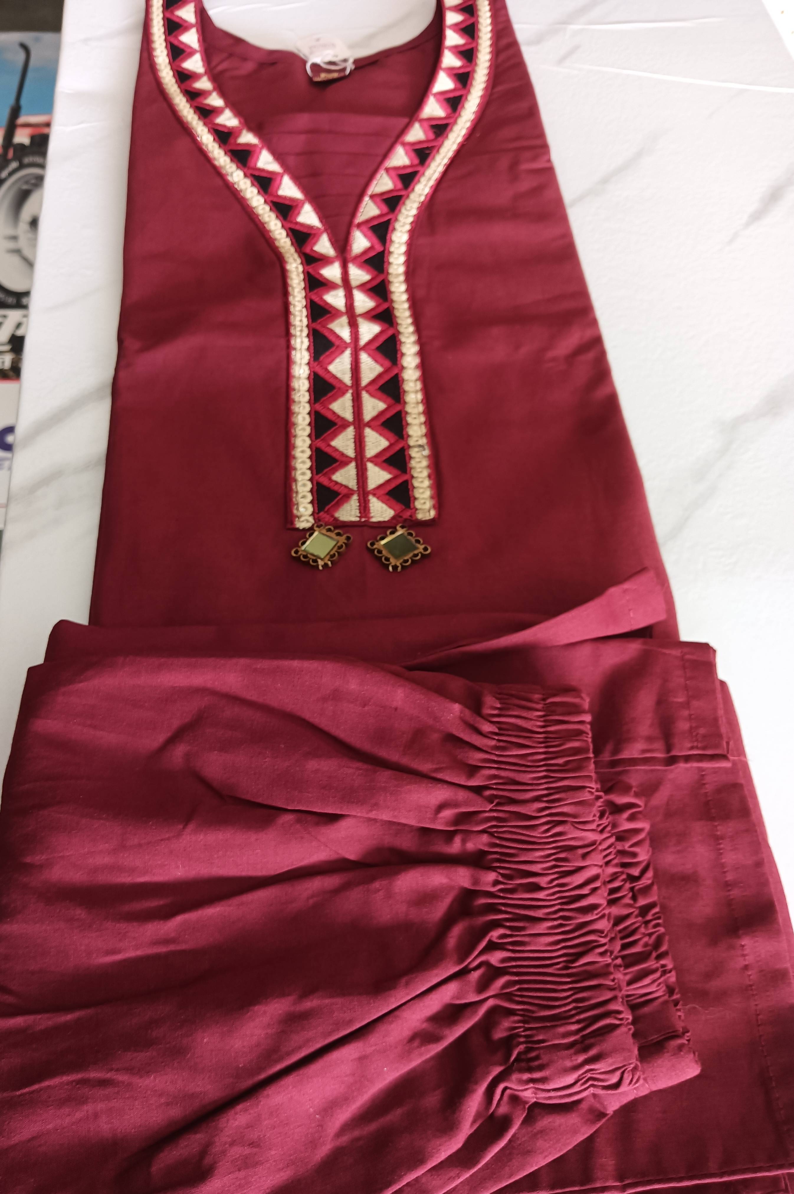 Embroidered Kurti in Maheshwar: Maroon Dhabu Cotton, 3/4 Sleeves - Image 4
