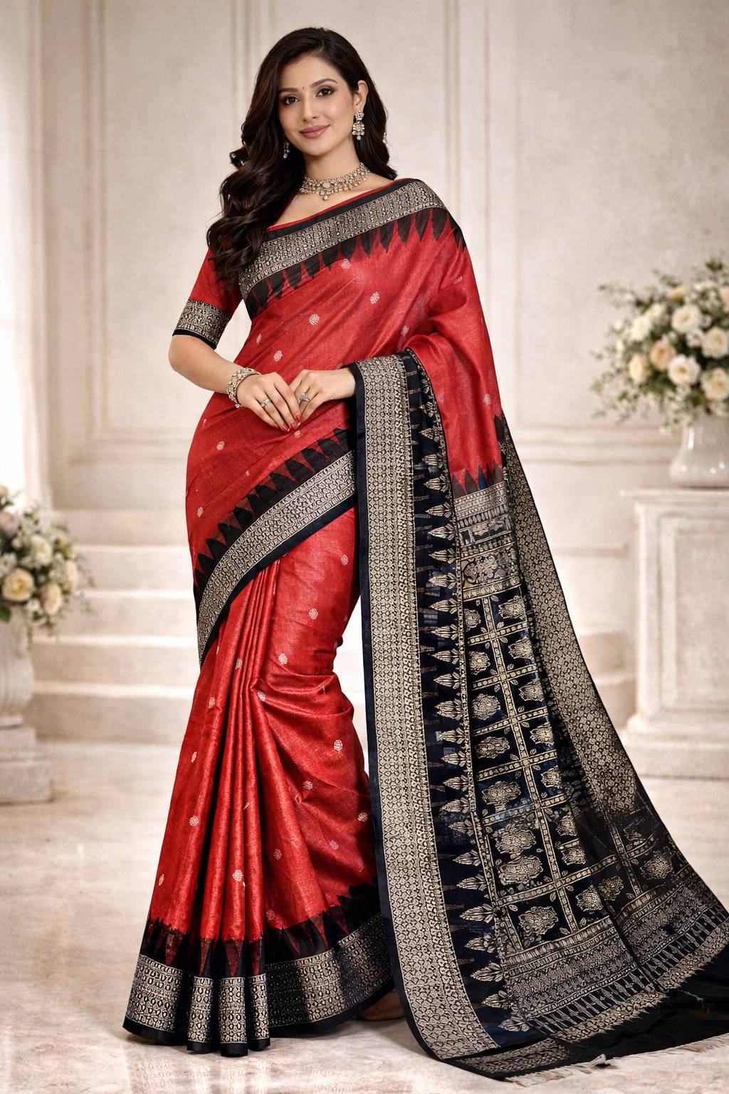 Patli saree odisha, available in wakad Elegant Red & Black with Gold Zari Detailing -  - Buy Online at TRENDORA GARMENTS AND GENERAL STORES