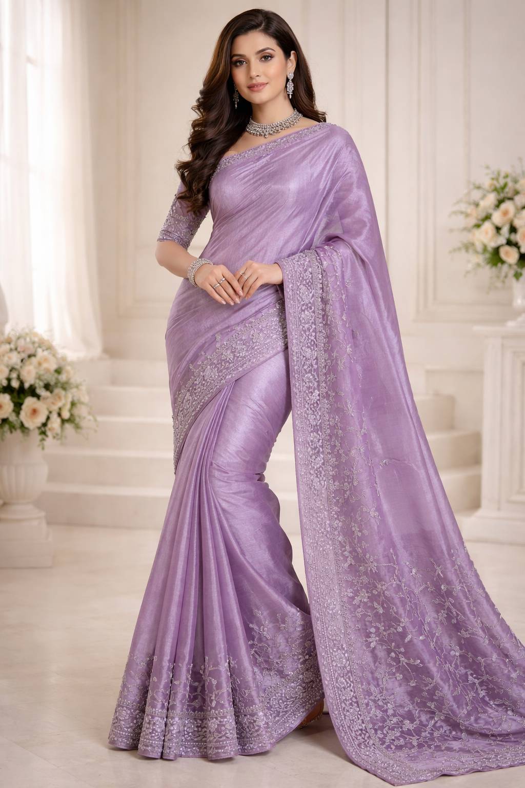 Silk Embroidered Saree in wakad ,Lavender Beauty -  - Buy Online at TRENDORA GARMENTS AND GENERAL STORES