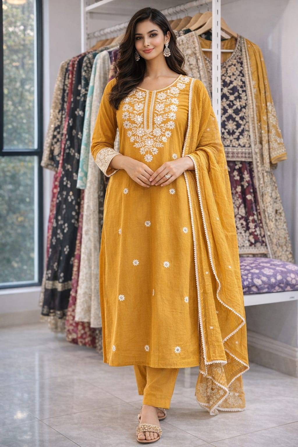 Fashion/Kurti in Chinchwad: Mustard Floral Embroidered Kurti -  - Buy Online at TRENDORA GARMENTS AND GENERAL STORES