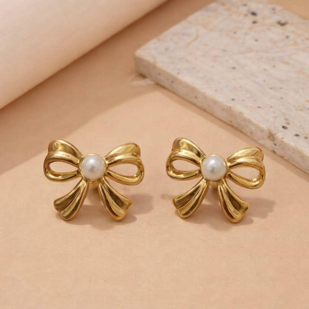 Elegant Bow Pearl Earrings in Malad West: Gold-tone Beauty