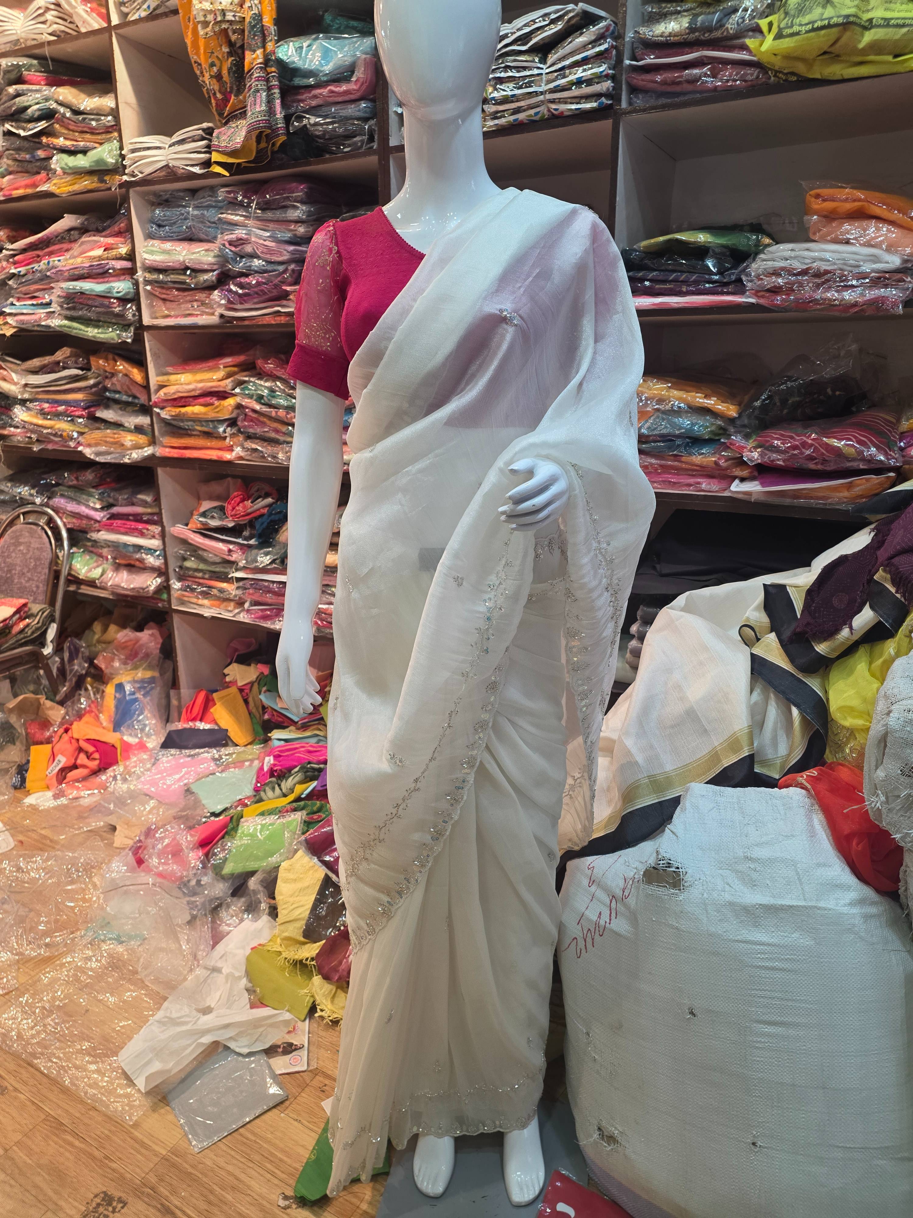 Women's Elegant White Embroidered Saree in Alote - Graceful Look -  - Buy Online at RADHA RANI SAREE