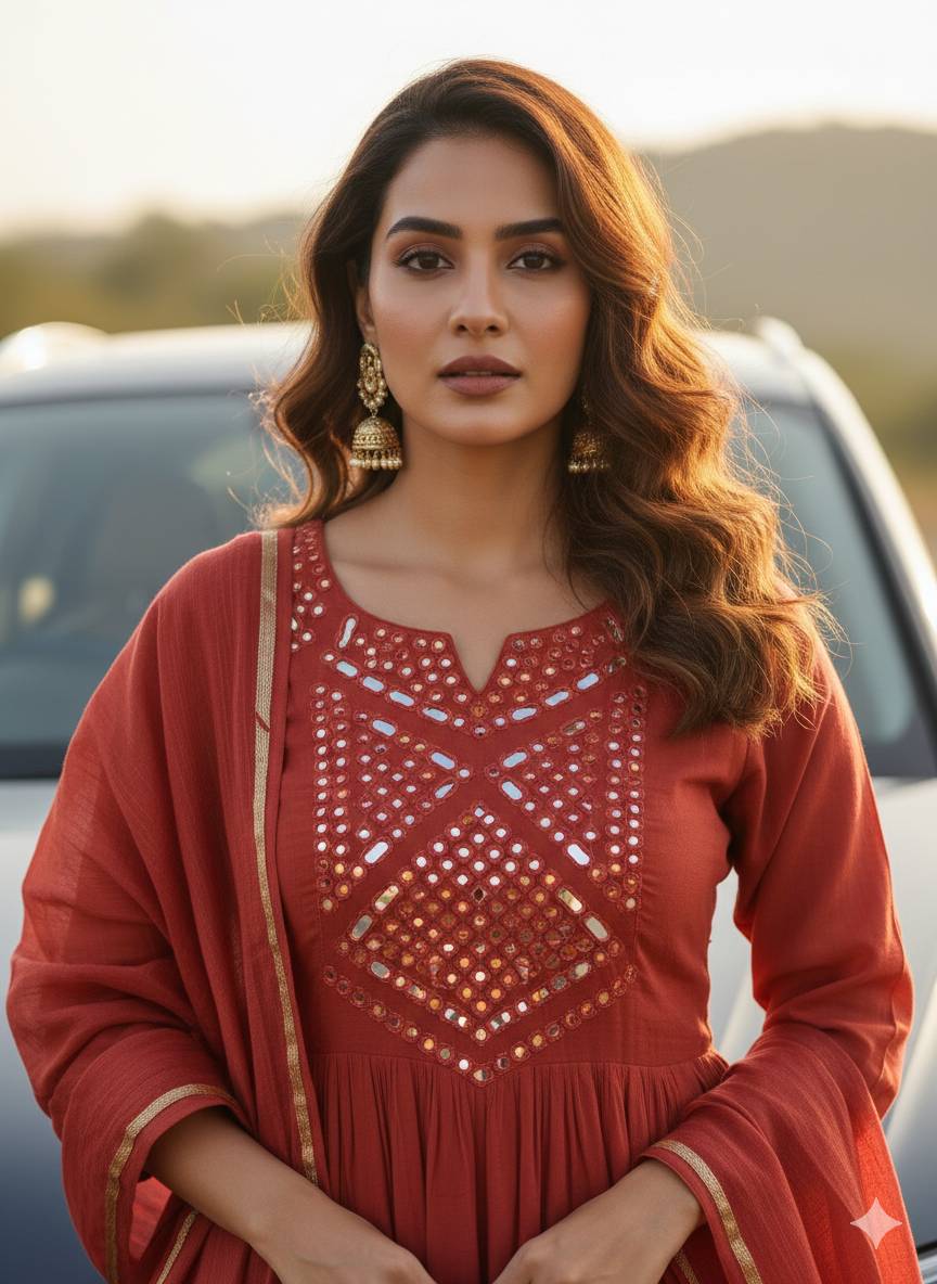 SHREE JI FASHION - Embroidered Mirror Work Anarkali Kurti in MAHESHWAR