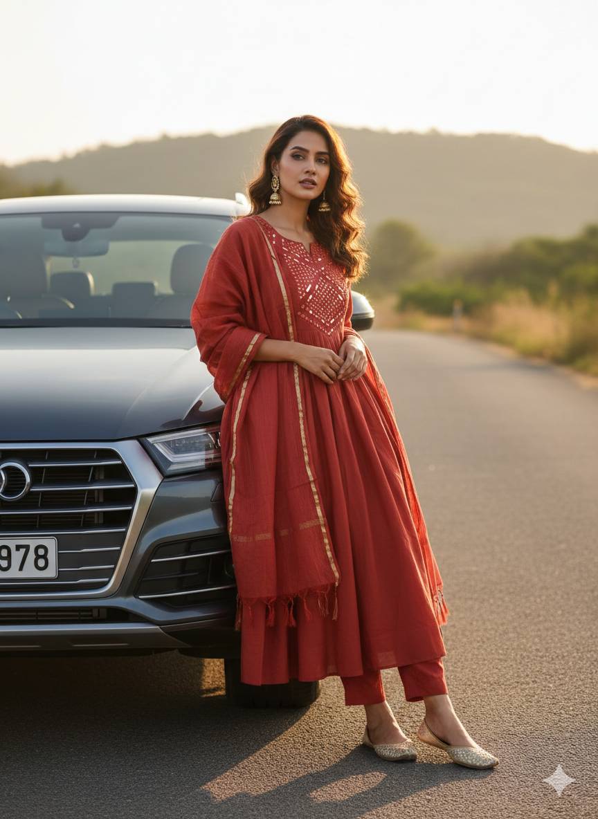 Embroidered Mirror Work Anarkali Kurti - Image 1