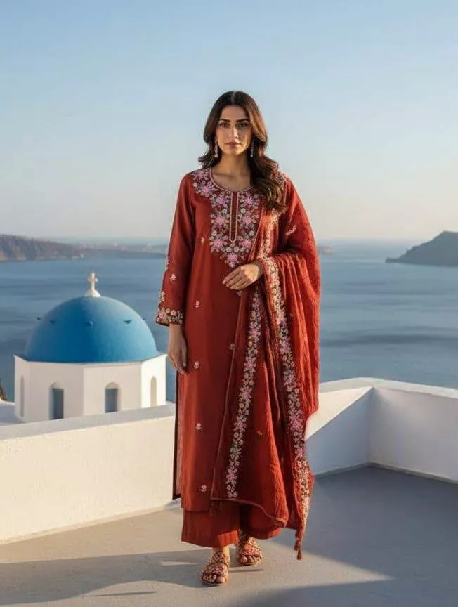 Embroidered Kurta Set in Kauwapur with Rust-Colored Design -  - Buy Online at CHAND SUIT COLLECTION