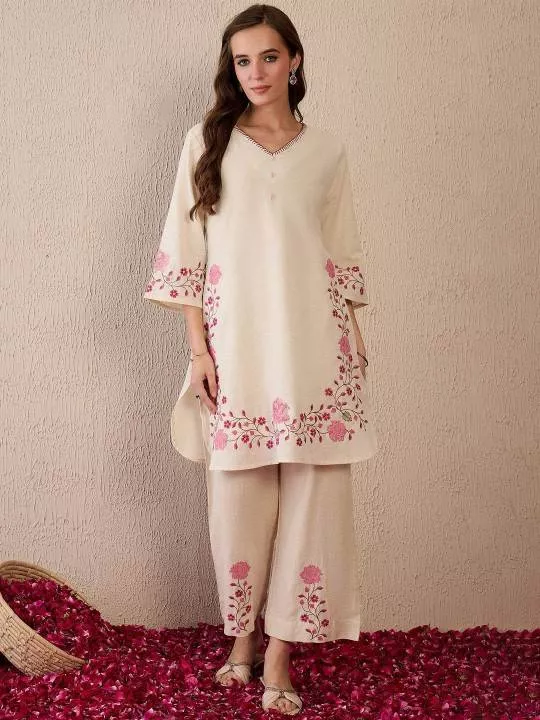 Women's Kurti Pant Set in BRAHMANIYAPARA Featuring Elegant Floral Embroidery -  - Buy Online at RIDDHI FASHION