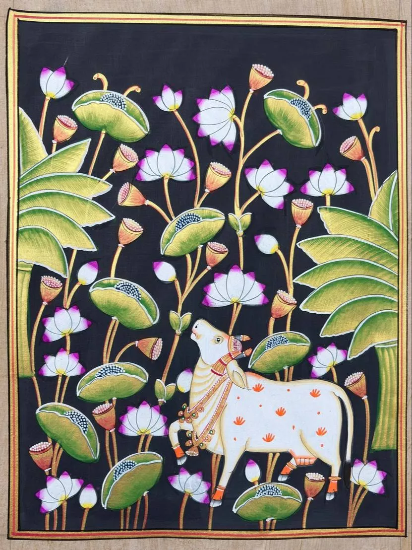  Kamdhenu in Kamal Talai-Pichwai Style in Jaipur - Vibrant Silk Artwork CHITRABHOOMI First Floor F 124   Jan Path Shyam  Nagar Jaipur LANDMARK Opp Geetanjali Saloon