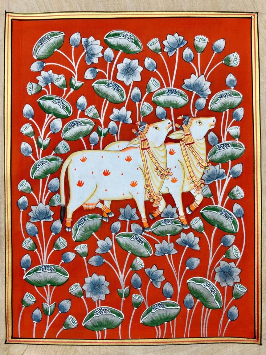 CHITRABHOOMI - A pair of Cows in Kamal Talai-Pichwai artwork [red] in Jaipur