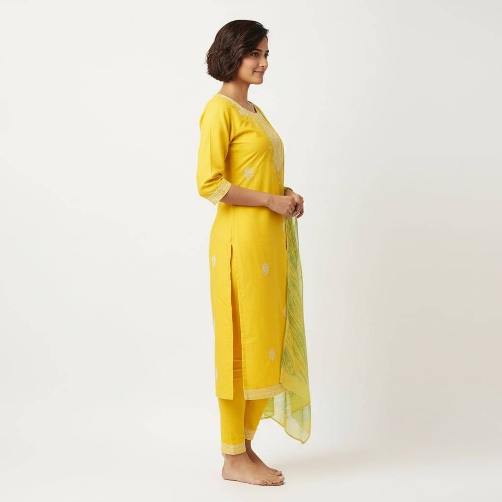Embroidered Kurta Set in Palnadu: Yellow Embroidered Churidar Set -  - Buy Online at IXYSTYLES