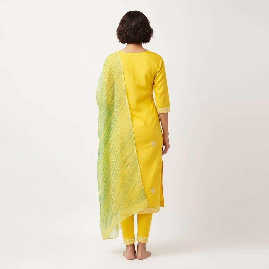 Embroidered Kurta Set in Palnadu: Yellow Embroidered Churidar Set - Image 1