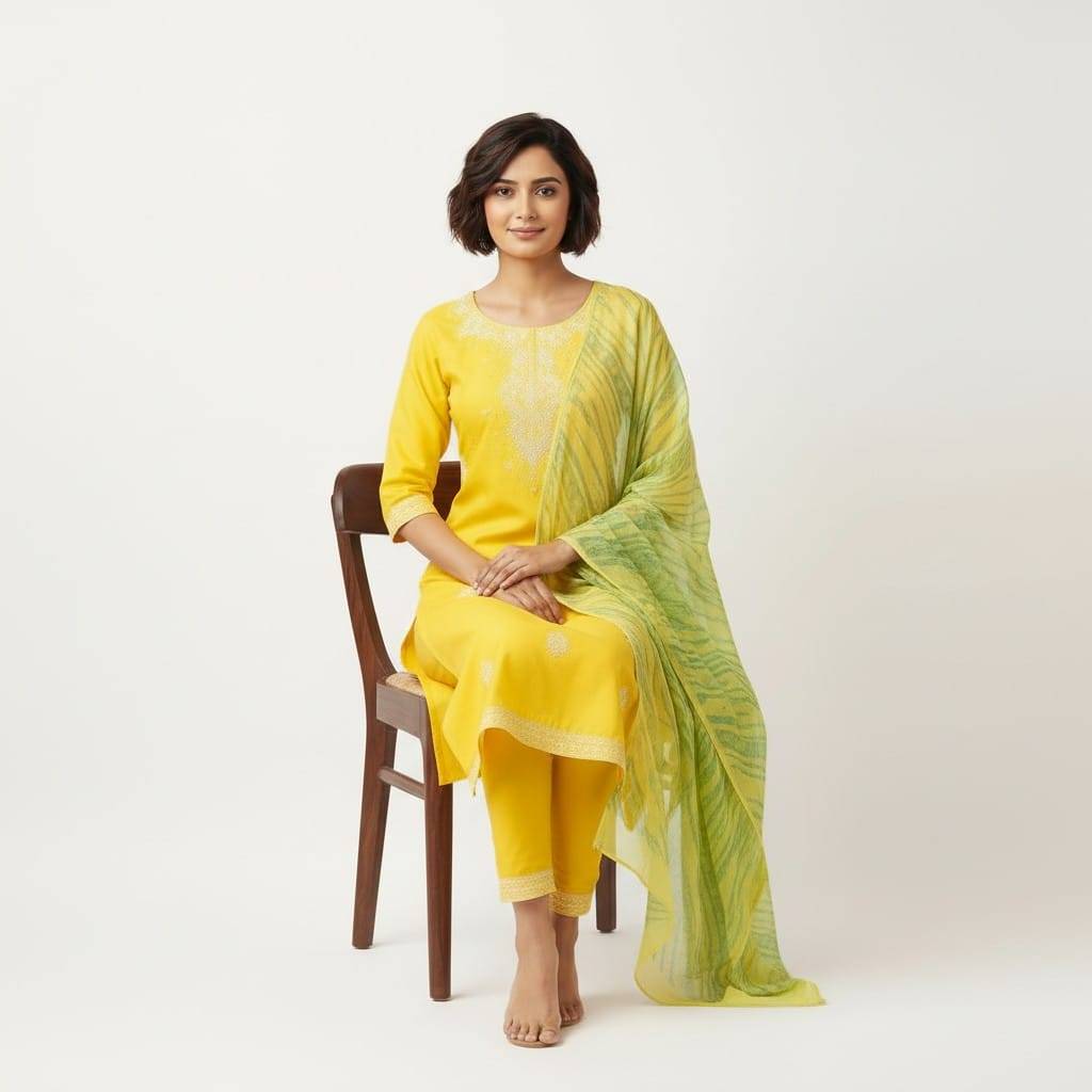Embroidered Kurta Set in Palnadu: Yellow Embroidered Churidar Set - Image 2