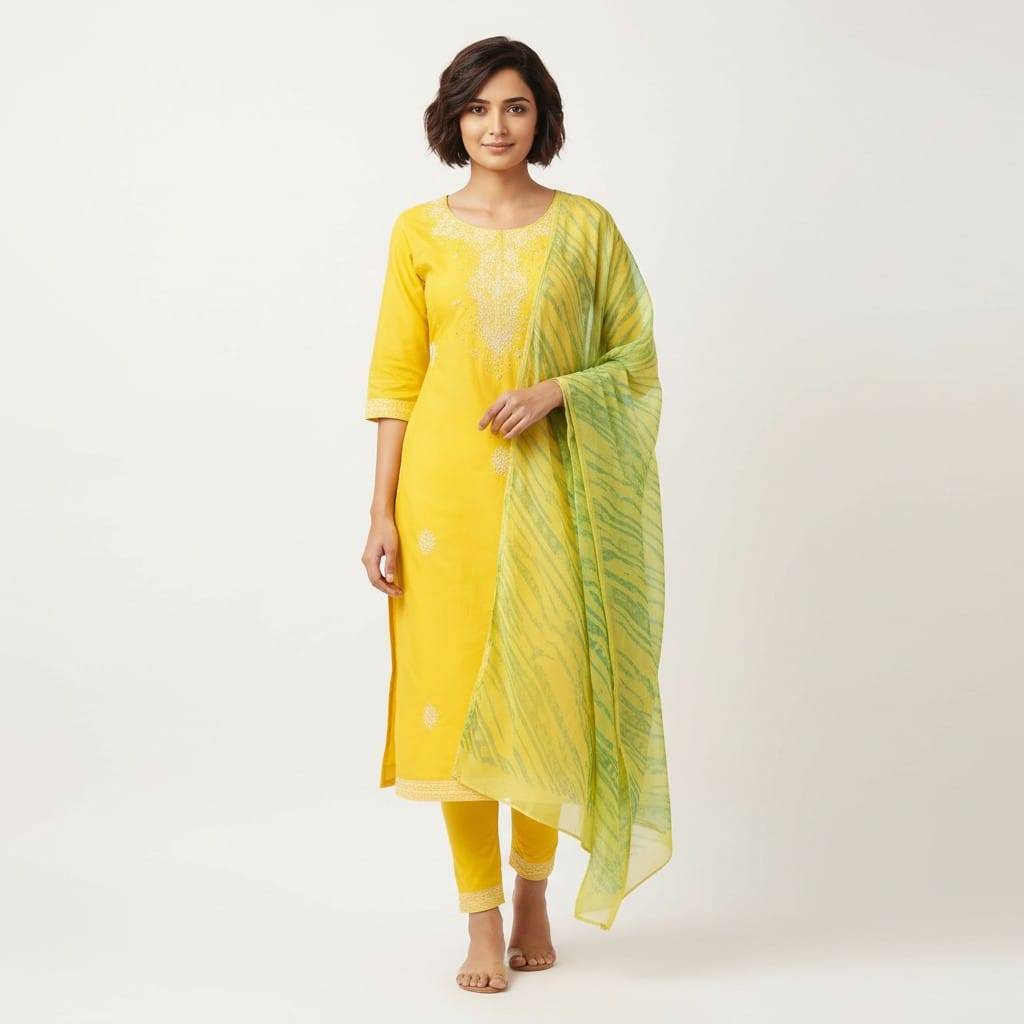 Embroidered Kurta Set in Palnadu: Yellow Embroidered Churidar Set - Image 3