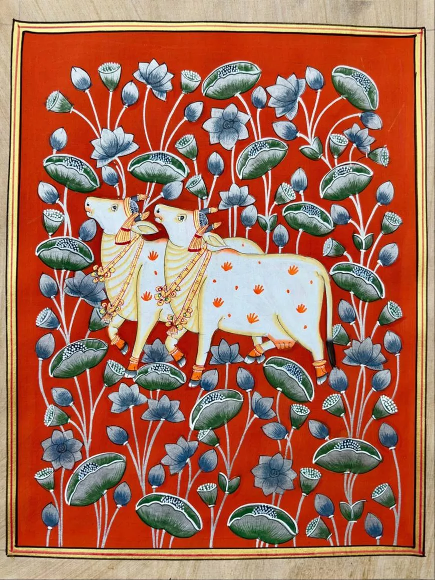 Artwork/Cow in Kamal Talai-Pichwai in Jaipur-Elegant Home Decor Accent -  - Buy Online at CHITRABHOOMI