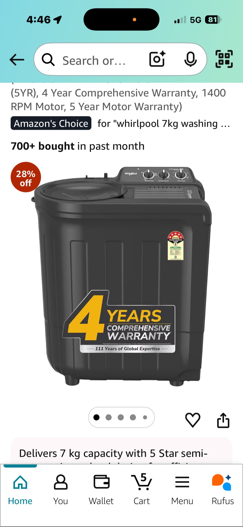 Whirlpool Washing Machine in Faridkot: 7 kg Semi-Automatic with 5-star Energy Rating -  - Buy Online at AMRIT ELECTRONICS