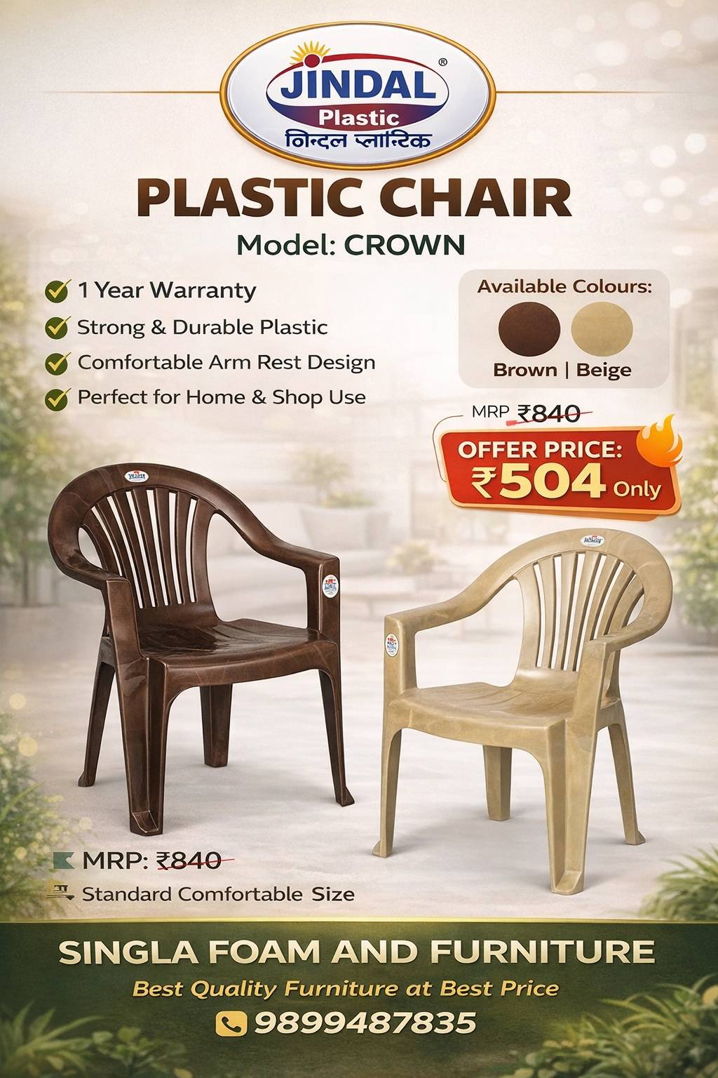 Jindal Plastic Chair in Gurugram - Crown Model with Armrest Design -  - Buy Online at SINGLA FOAM AND FURNITURE