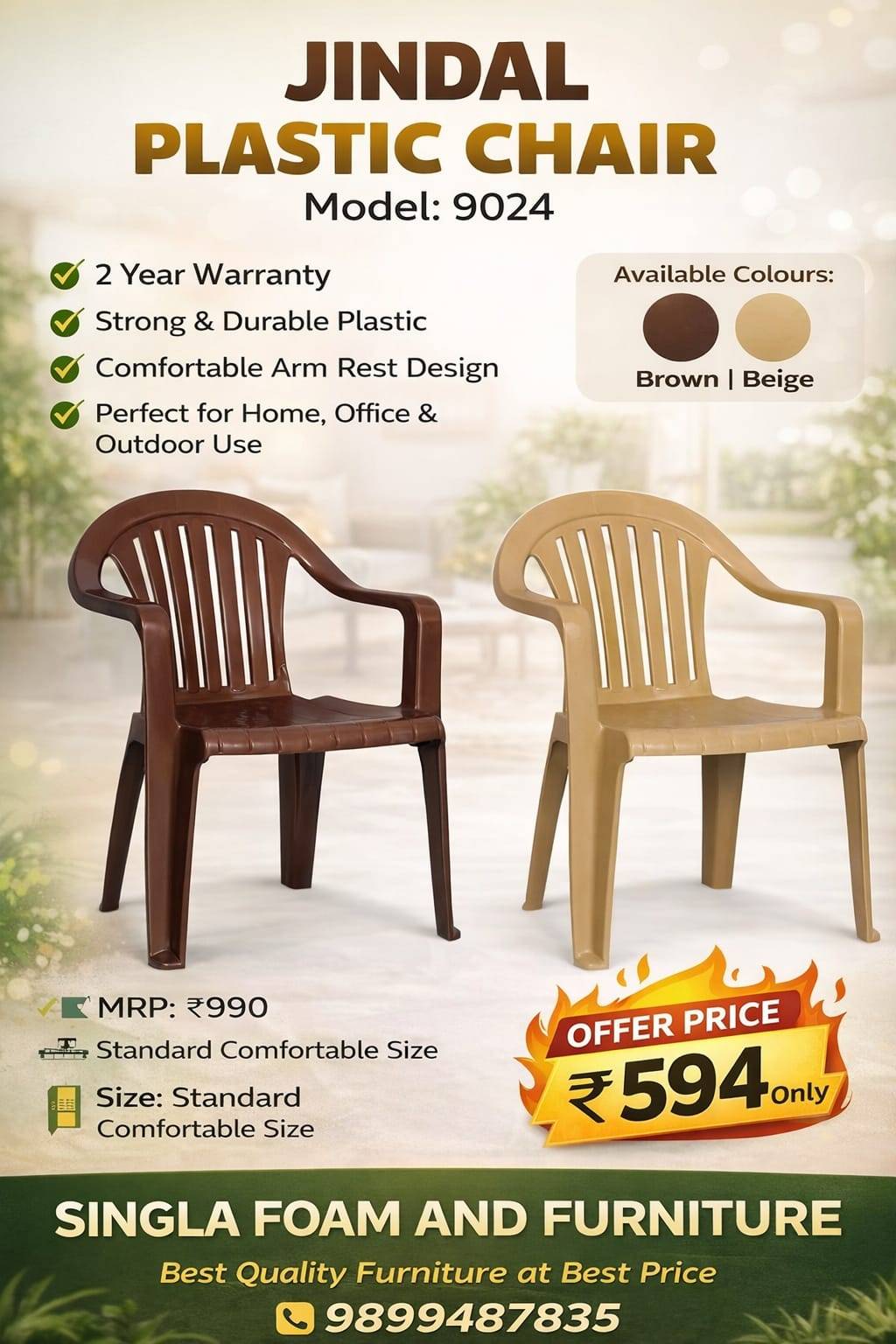 Jindal Plastic Chair Model: 9024 in Gurugram - Durable and Comfortable SINGLA FOAM AND FURNITURE SHOP NO 03 SECTOR 52 GURUGRAM HARYANA 122003 122003 LANDMARK Wazirabad