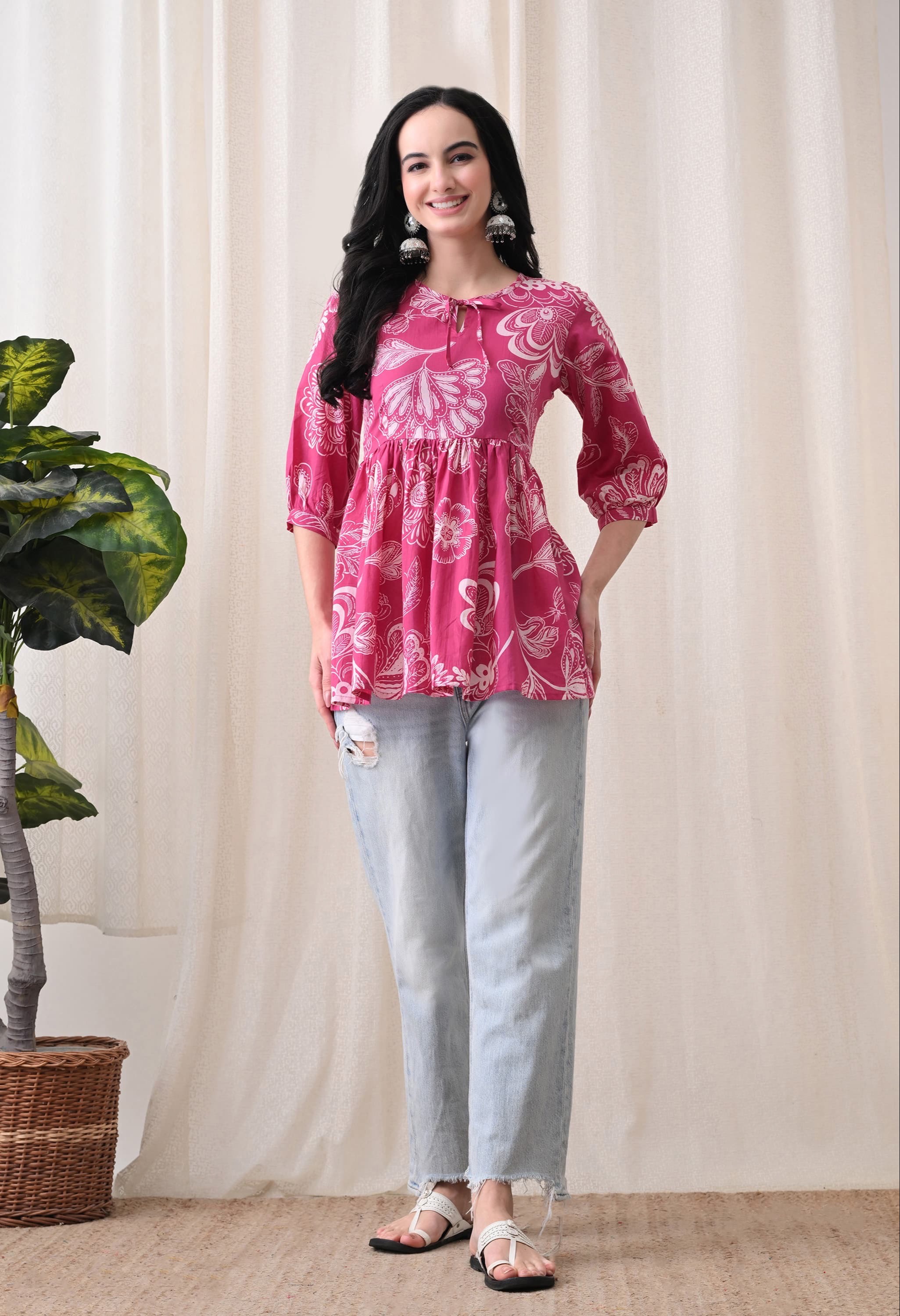 Cotton Peplum Top in Jaipur: Vibrant Pink Floral Top for Everyday Wear - Image 2