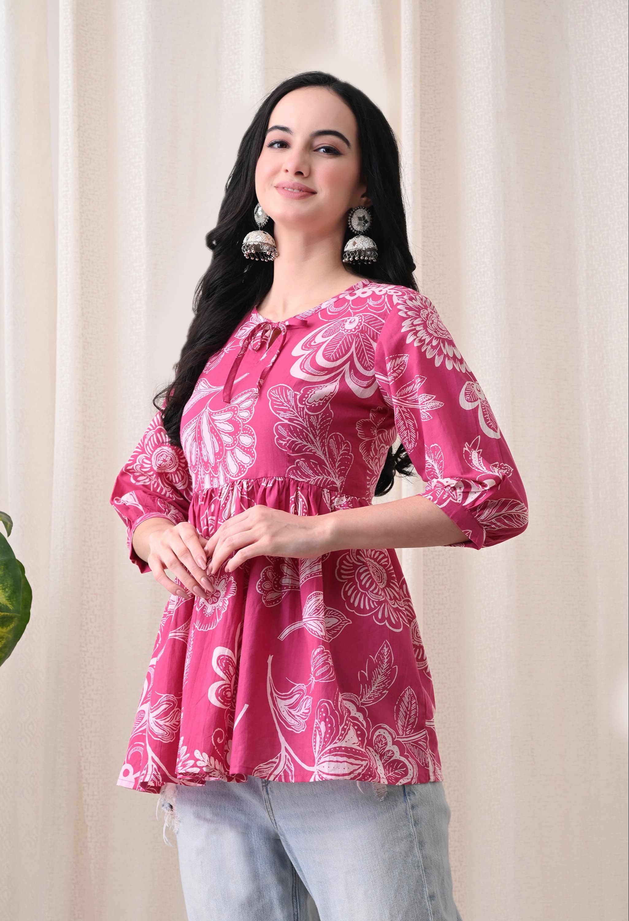 Cotton Peplum Top in Jaipur: Vibrant Pink Floral Top for Everyday Wear - Image 3