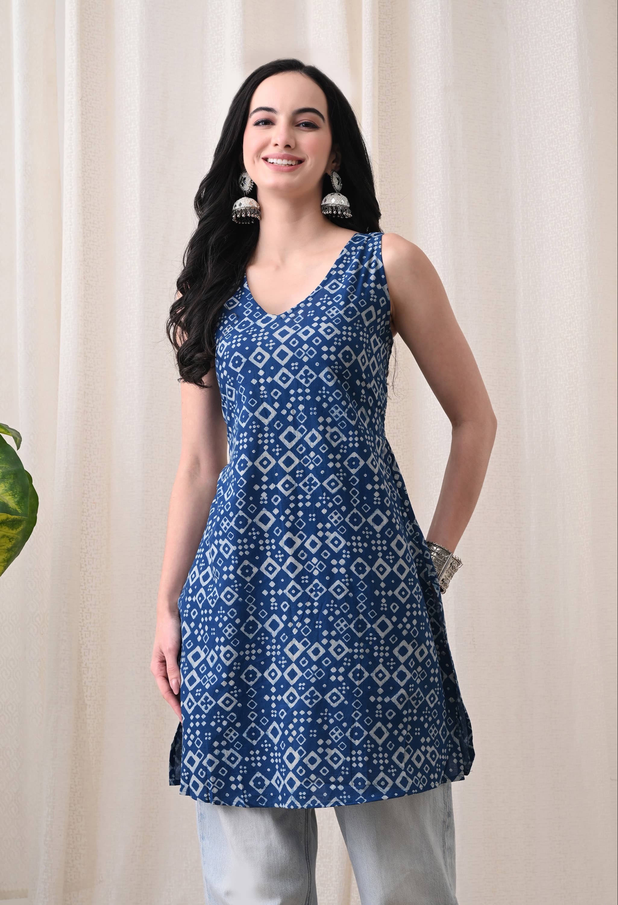  Kurti Vibe Women's Indigo Geometric Print Sleeveless Smocked Short Kurti in Jaipur: Custom Fit for Effortless Style CLICK KART 250 STREET NO 4  KUSUM VIHAR SKIT  ROAD NEAR KANHA SPORTS JAGATPURA JAIPUR RAJASTHANLANDMARK NEAR KANHA SPORTS
