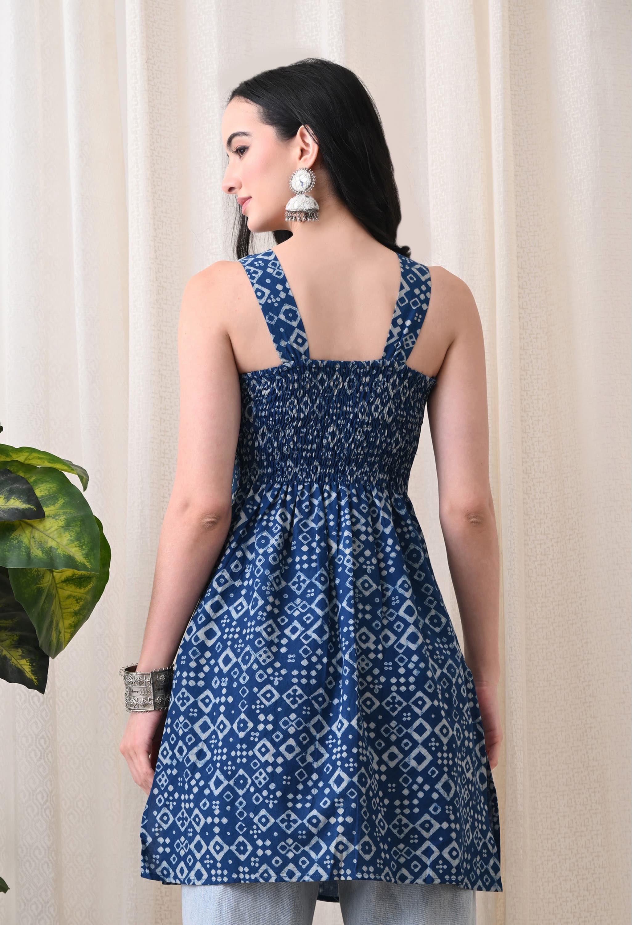 Kurti Vibe Women's Indigo Geometric Print Sleeveless Smocked Short Kurti in Jaipur: Custom Fit for Effortless Style - Image 1