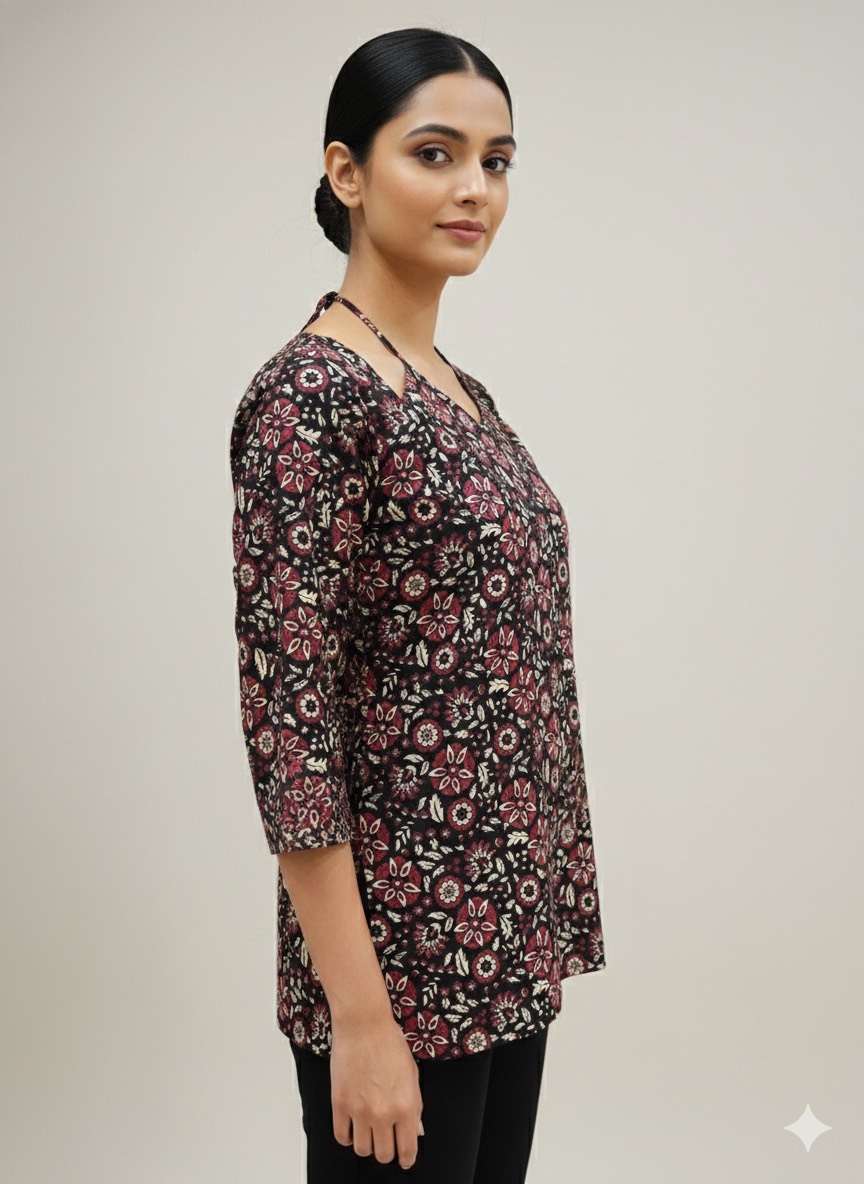 Women's Kurti Top in Jaipur: Floral Printed V-Neck Cotton Kurti Top - Image 1