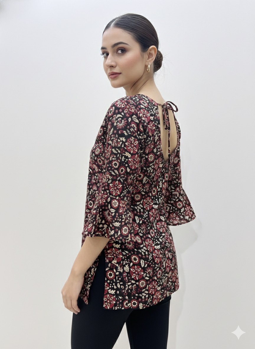 Women's Kurti Top in Jaipur: Floral Printed V-Neck Cotton Kurti Top - Image 2