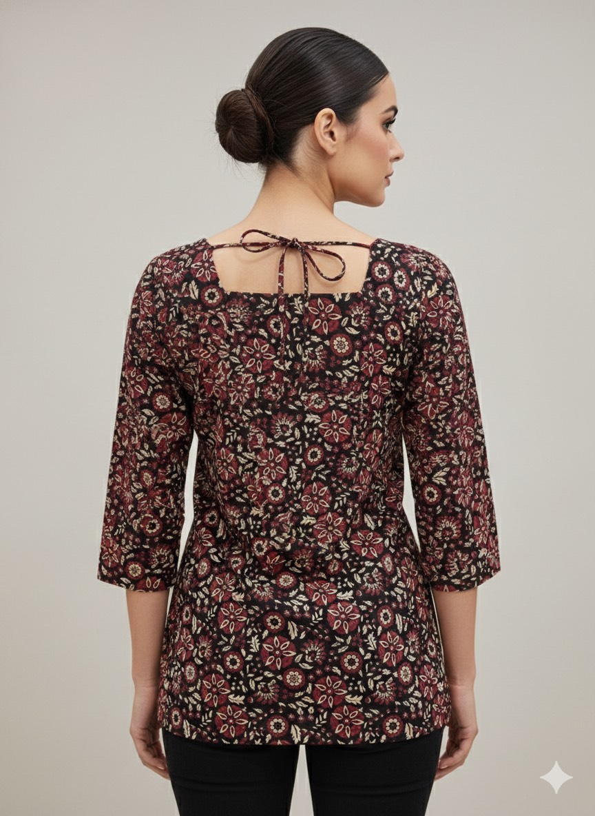 Women's Kurti Top in Jaipur: Floral Printed V-Neck Cotton Kurti Top - Image 3