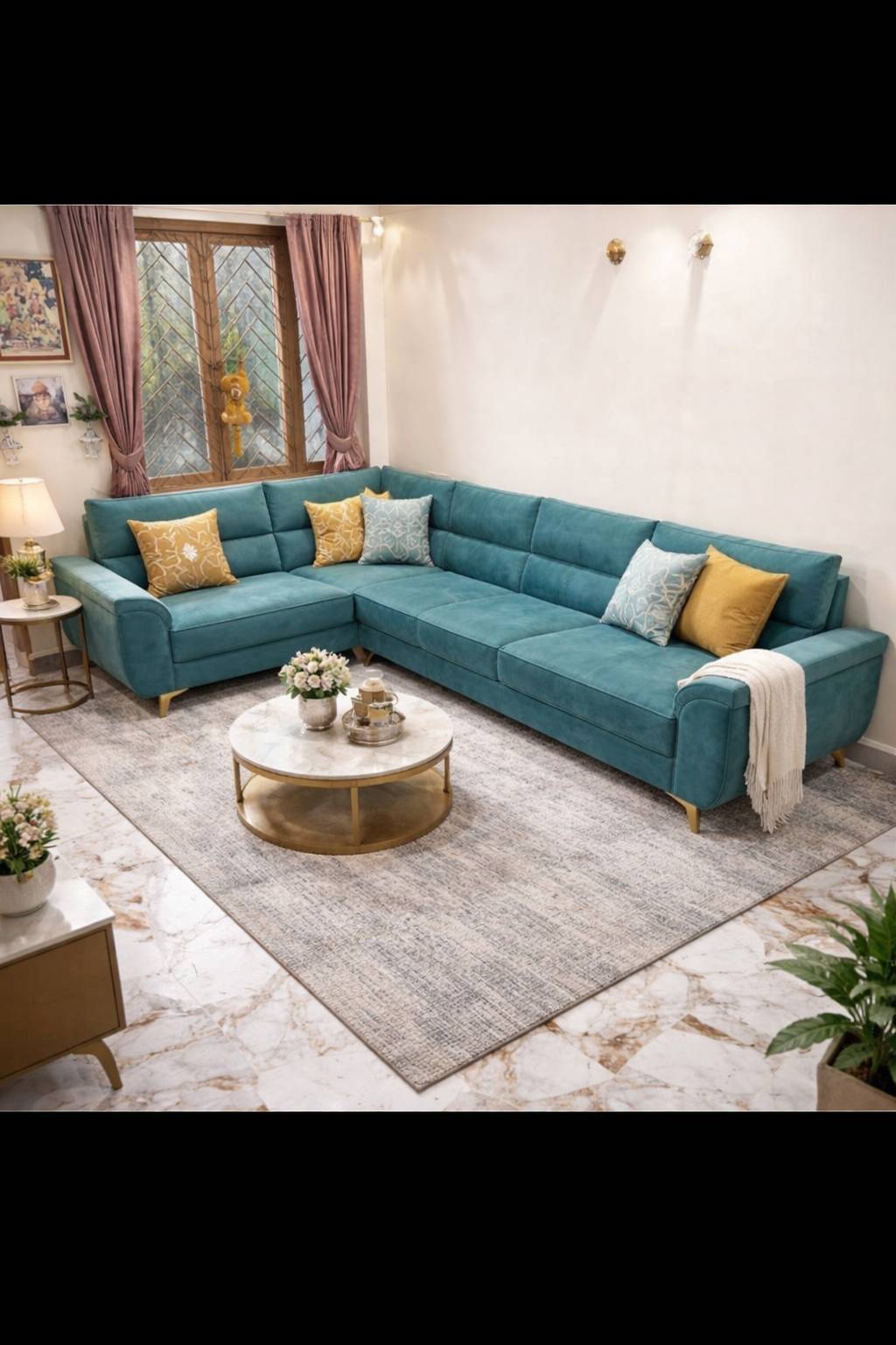 Furniture/Turquoise L-Shaped Sectional Sofa in Care of Woddoranear Bhesan, Plush Cushions -  - Buy Online at WOODORA
