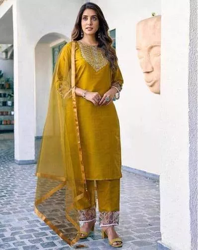 Embroidered Mustard Kurta Set in Dasuya - Elegant Festive Attire -  - Buy Online at VIDYA SAGAR EXPORTS