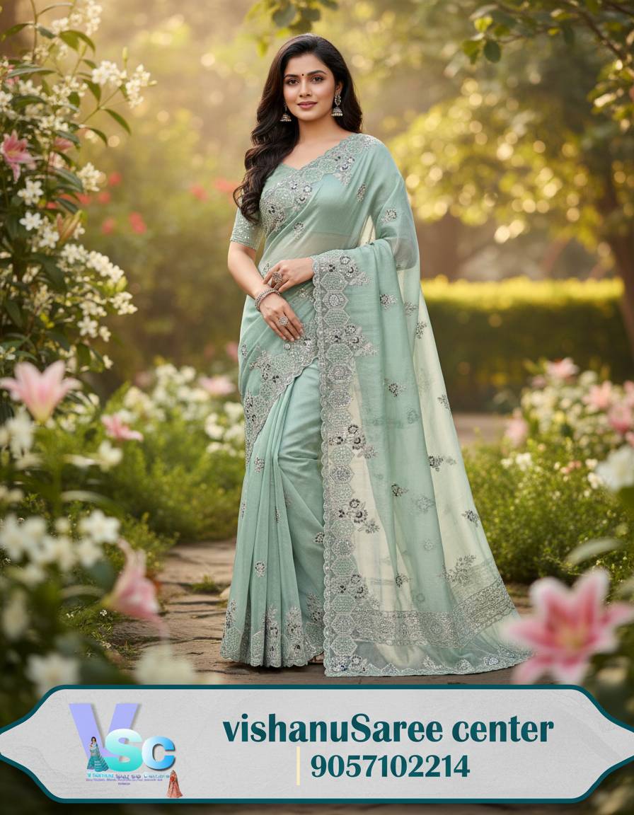 Saree/Elegant Pastel Green Embroidered Saree in Kota - Elegant & Intricate Design -  - Buy Online at VISHNU SAREE CENTER