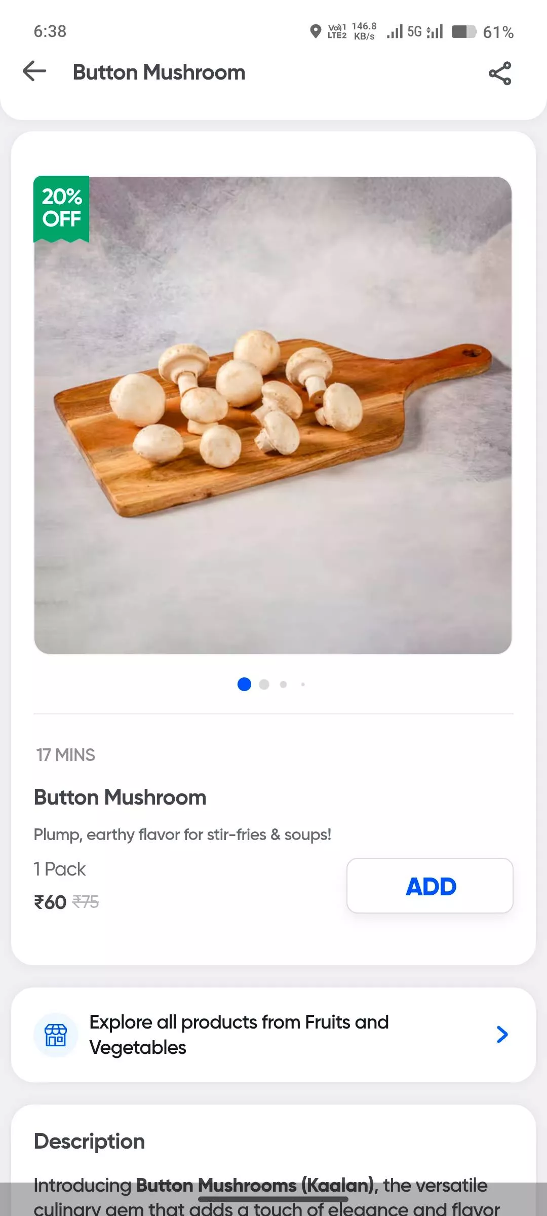 Button Mushroom in Shreeshyam Sarowar City: Versatile Elegance and Flavor -  - Buy Online at VEGORBIT PRIVATE LIMITED