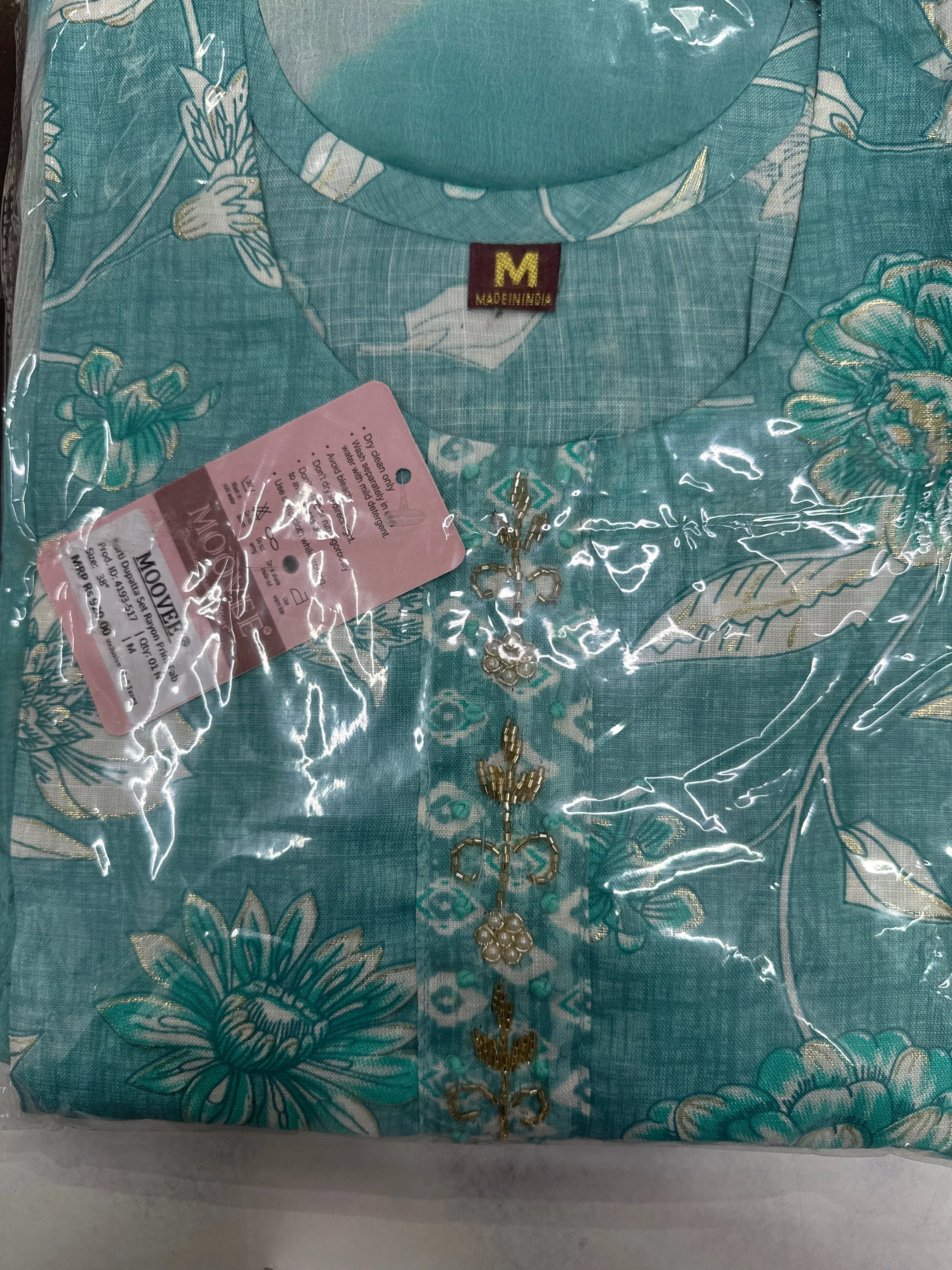 Floral Printed Kurti in Golaghat Teal Green with Golden Embroidery Detail -  - Buy Online at BINNANI TEXTILES