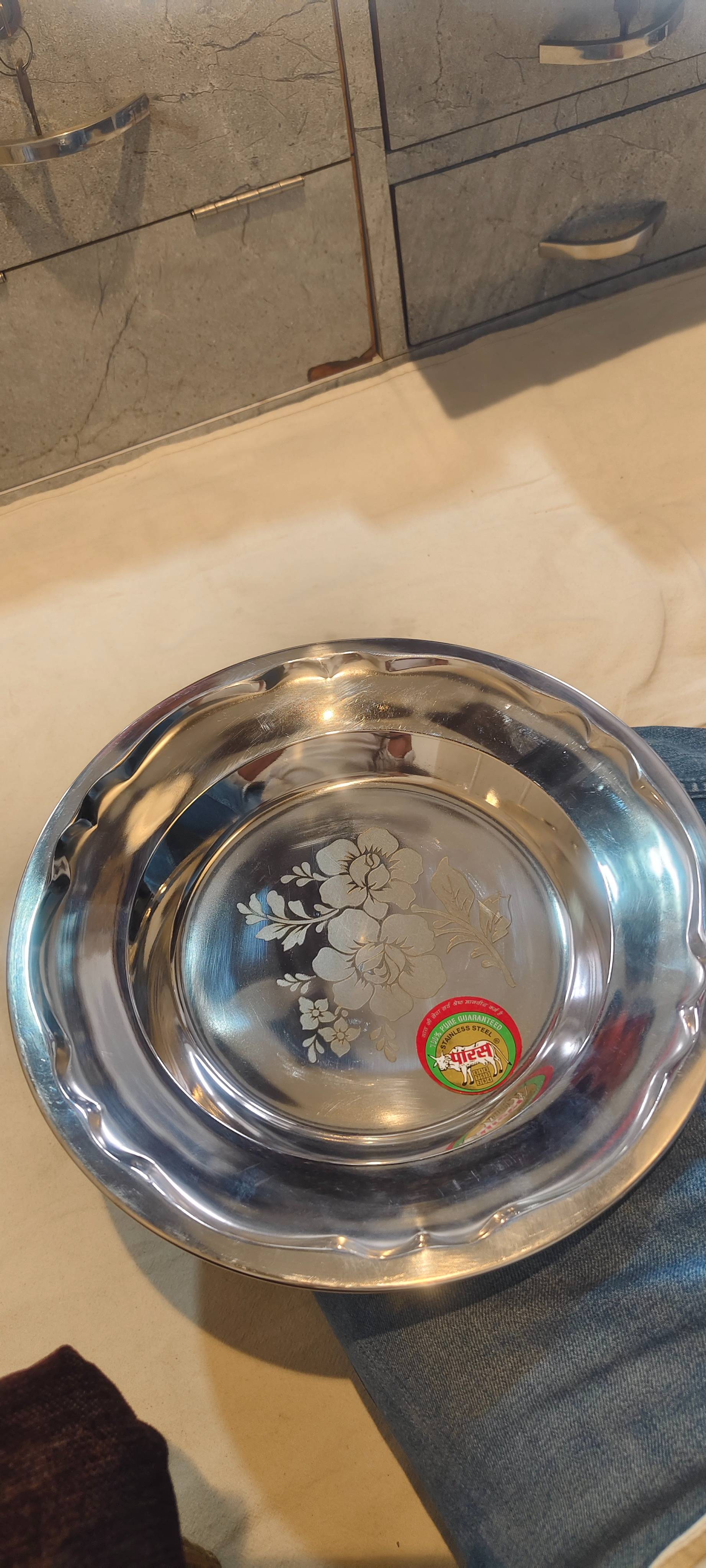 Stainless Steel Floral Design Plate in Mukesh Bhandan, Elegant Dining Essential -  - Buy Online at MUKESH BARTAN BHANDAR