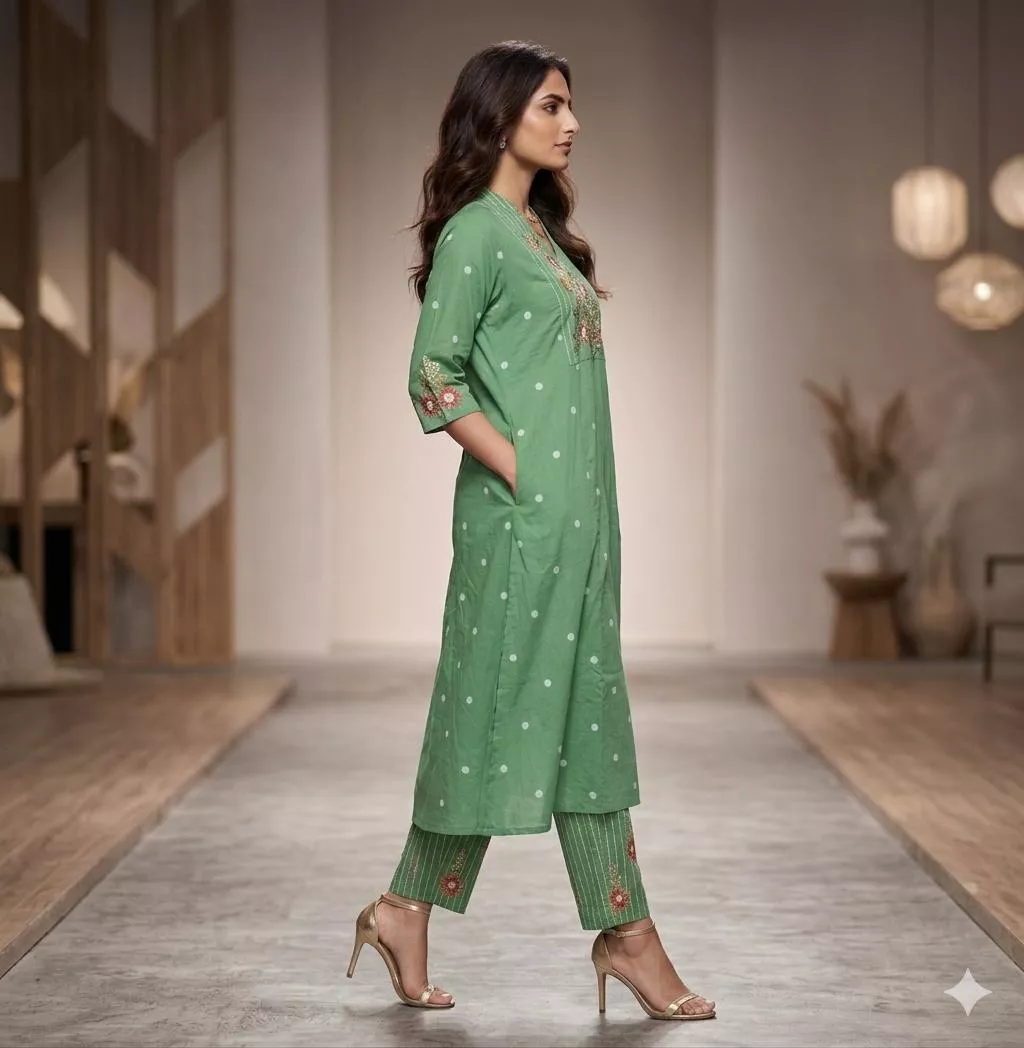 Handloom Jaamdaani weaved Embroidered Kurta Set : Elegant Green Women's Ethnic Wear - Image 1
