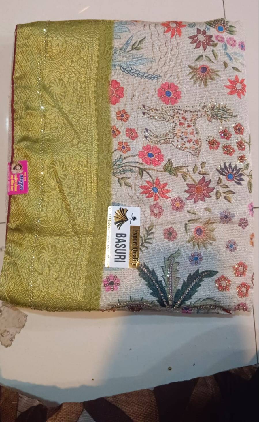 Basuri Embroidered Saree in Mawana: Elegant Floral Design & Golden Lace -  - Buy Online at ANUSHA MATCHINGS
