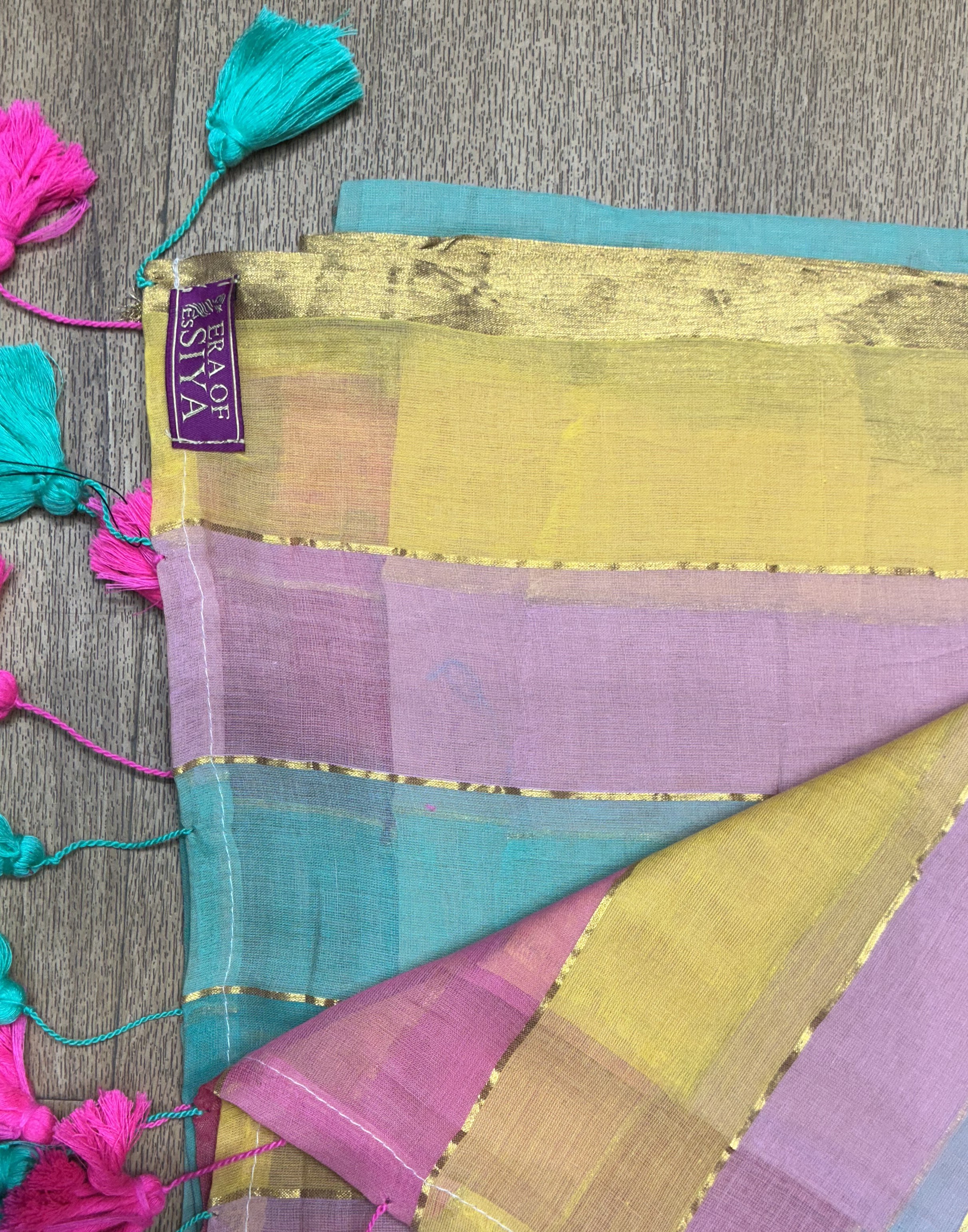 Cotton Saree - Multicolor Striped Cotton Saree in New Delhi with Tassels - Image 1