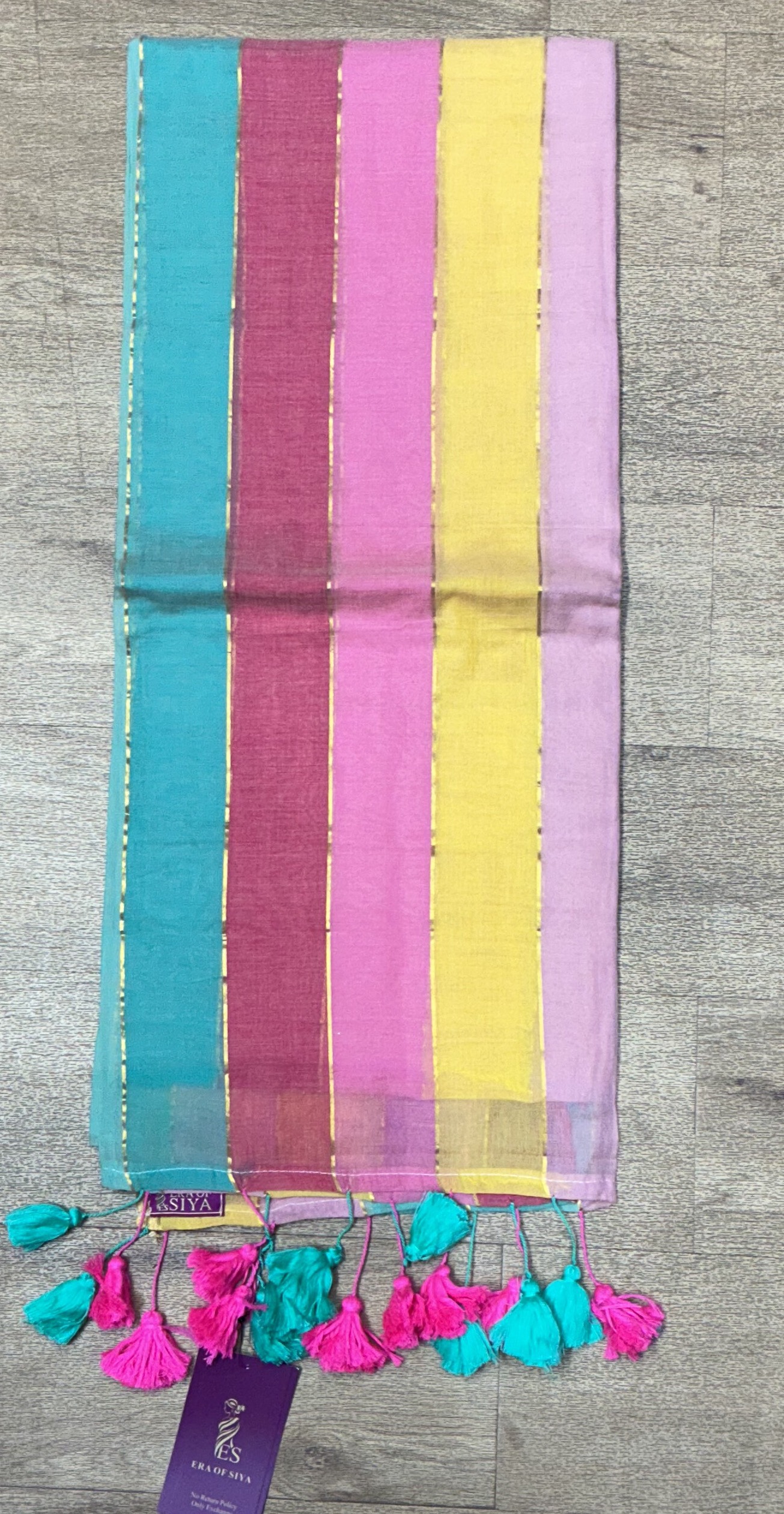 Cotton Saree - Multicolor Striped Cotton Saree in New Delhi with Tassels - Image 2